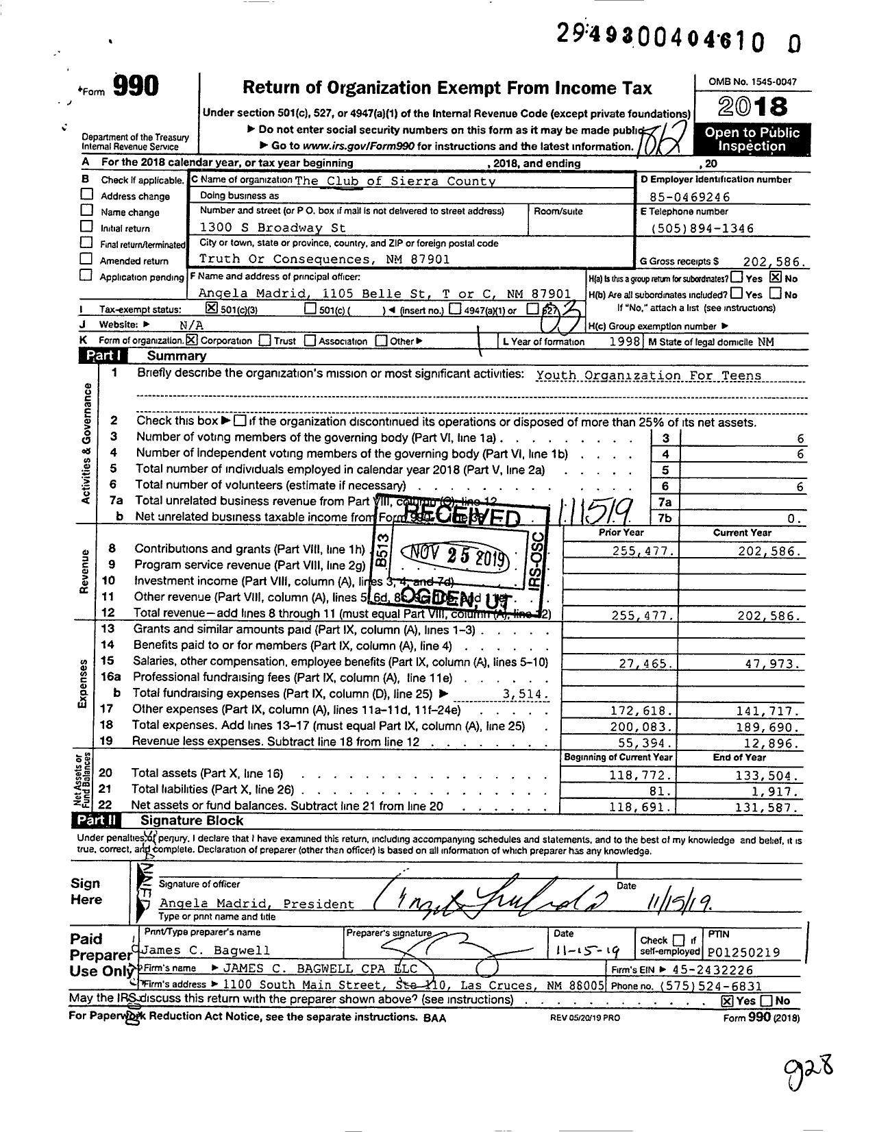 Image of first page of 2018 Form 990 for The Club of Sierra County