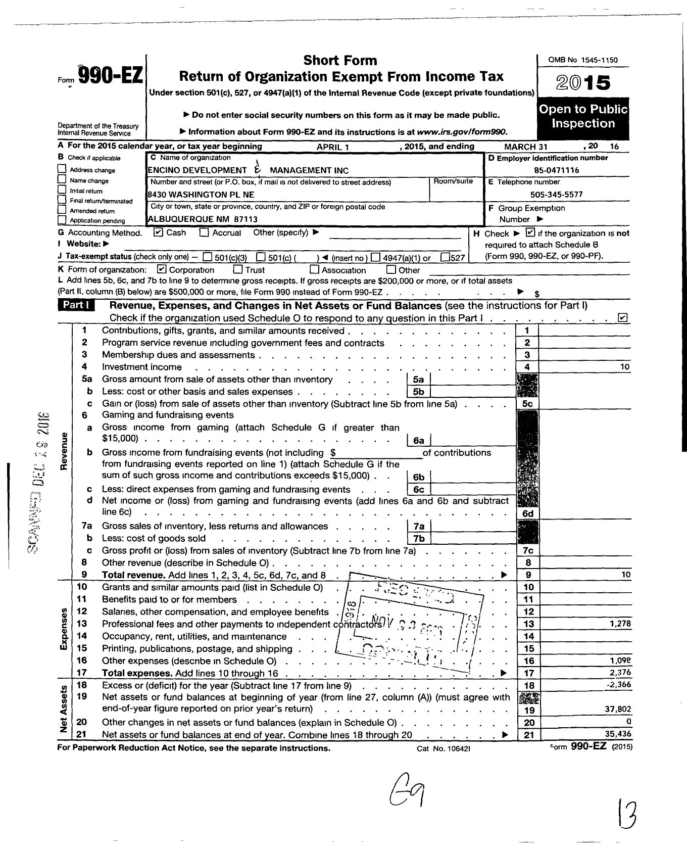 Image of first page of 2015 Form 990EO for Encino Development and Management