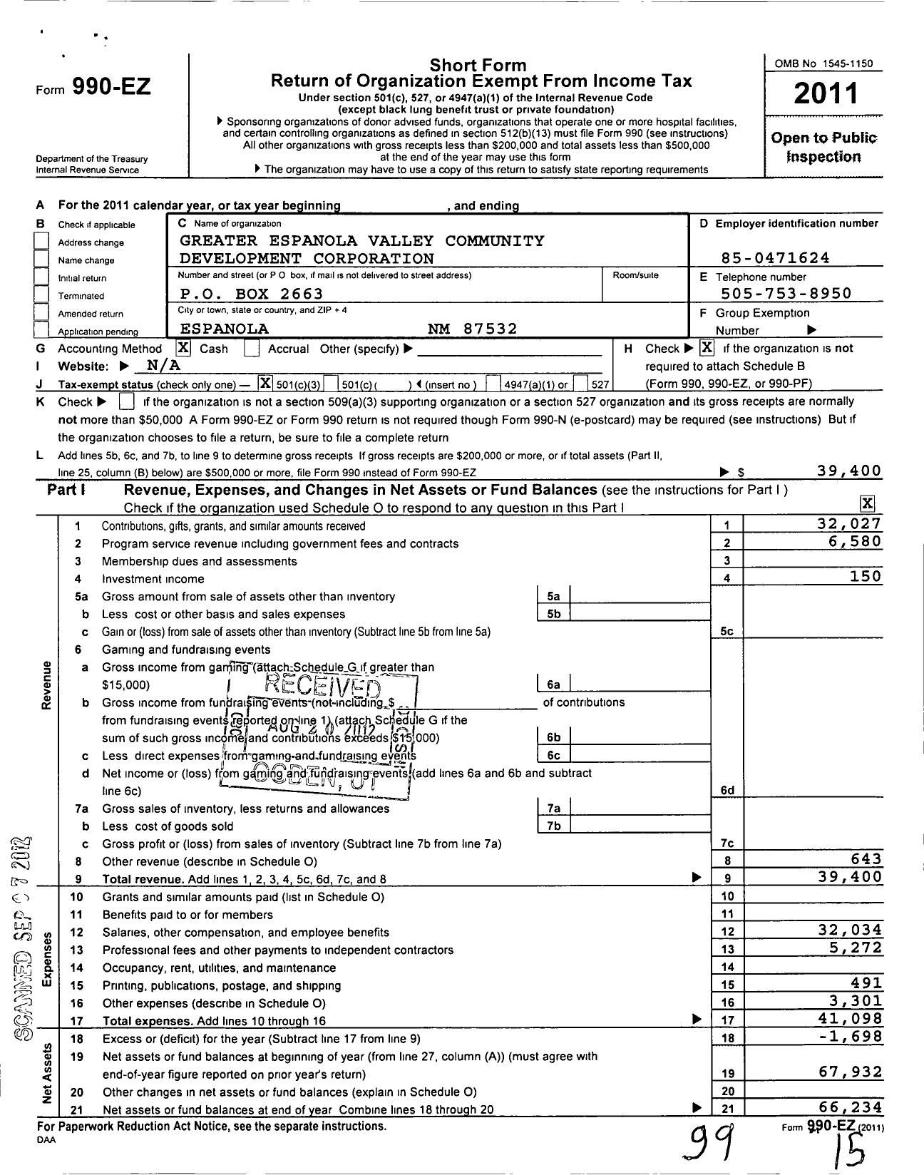 Image of first page of 2011 Form 990EZ for Greater Espanola Valley Community Development Corporation