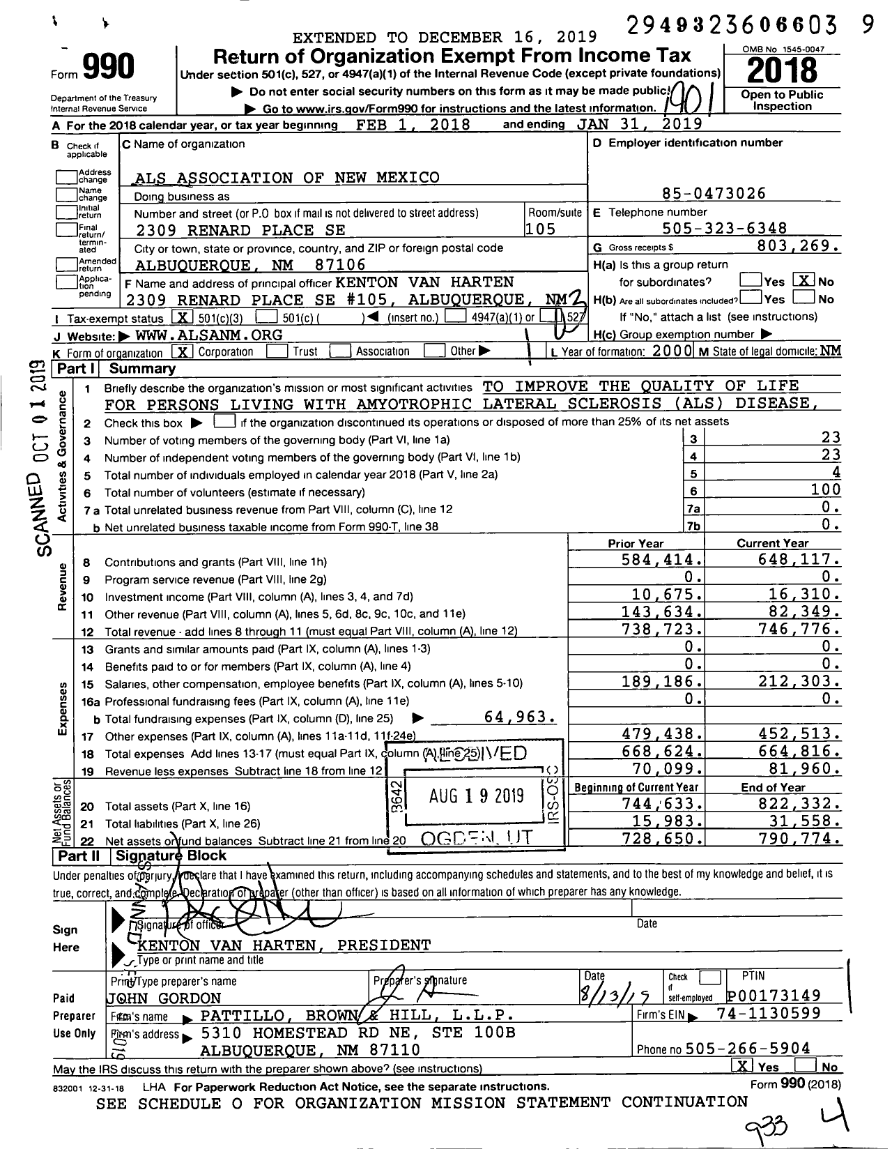 Image of first page of 2018 Form 990 for The Als Association - New Mexico Chapter