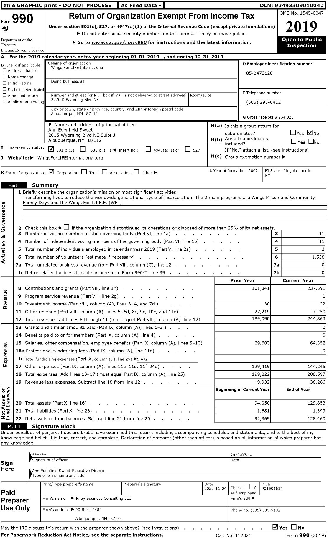 Image of first page of 2019 Form 990 for Wings For LIFE International