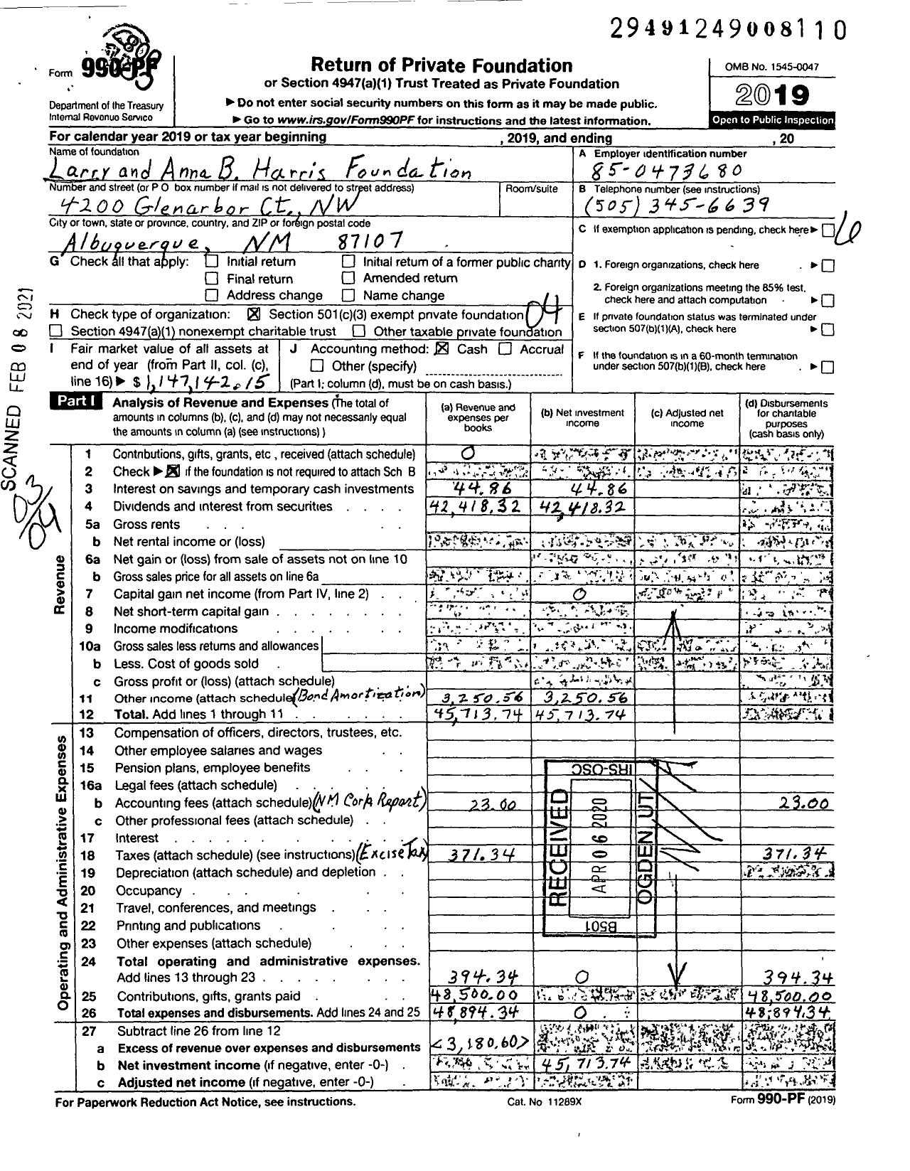 Image of first page of 2019 Form 990PF for Larry and Anna B Harris Foundation