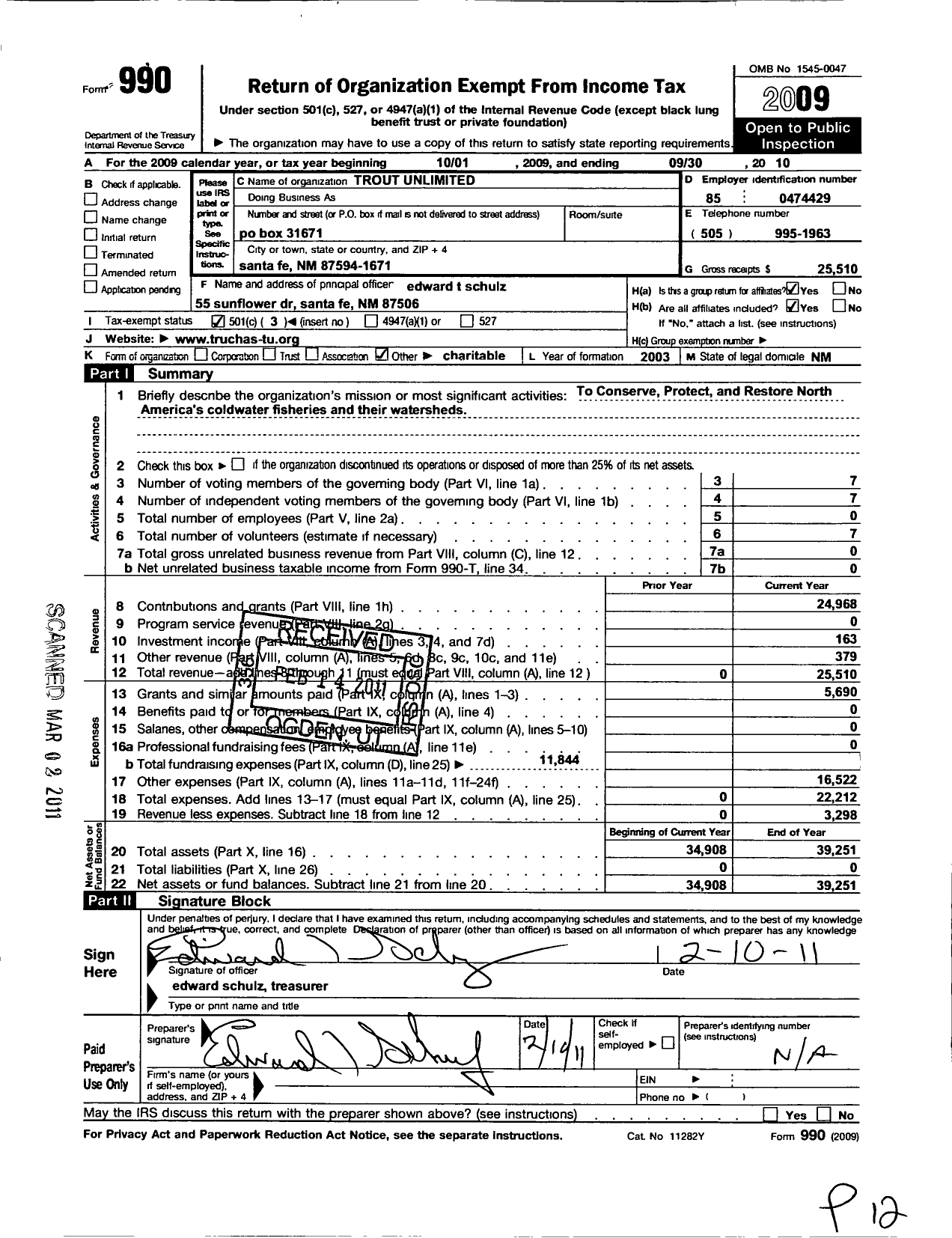 Image of first page of 2009 Form 990 for Trout Unlimited - 718 Truchas