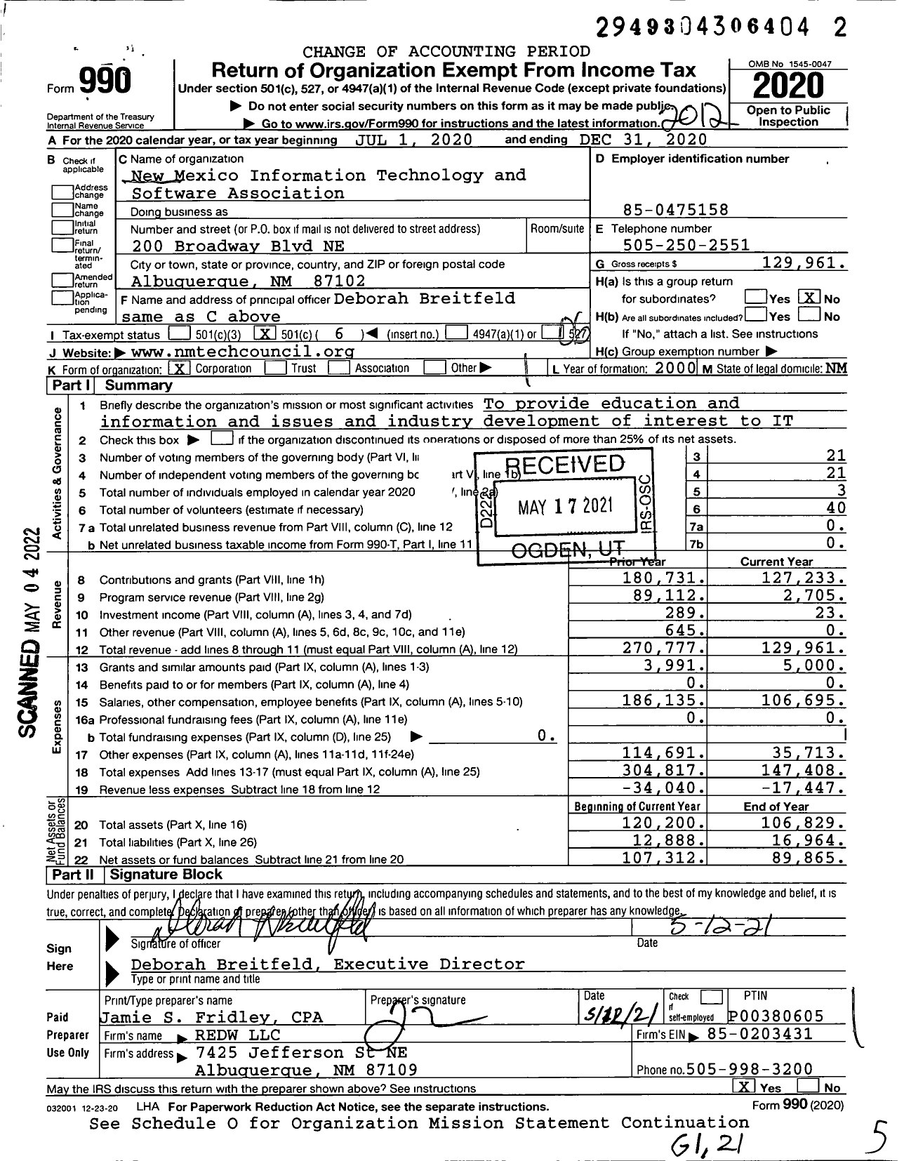 Image of first page of 2020 Form 990O for New Mexico Information Technology and Software Association