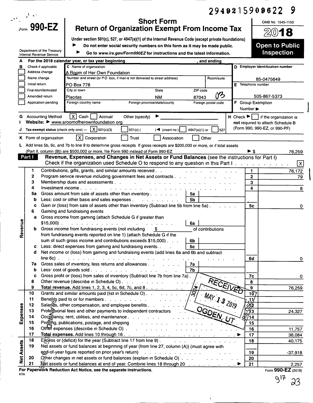 Image of first page of 2018 Form 990EZ for A Room of Her Own Foundation