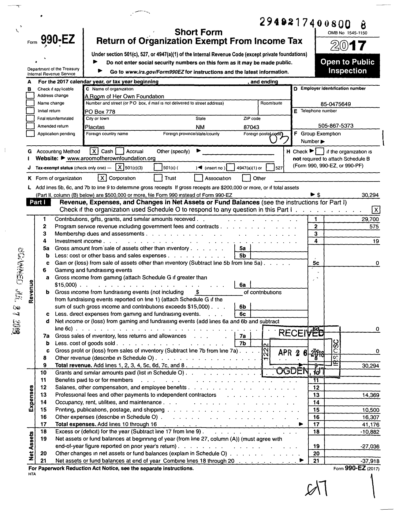 Image of first page of 2017 Form 990EZ for A Room of Her Own Foundation