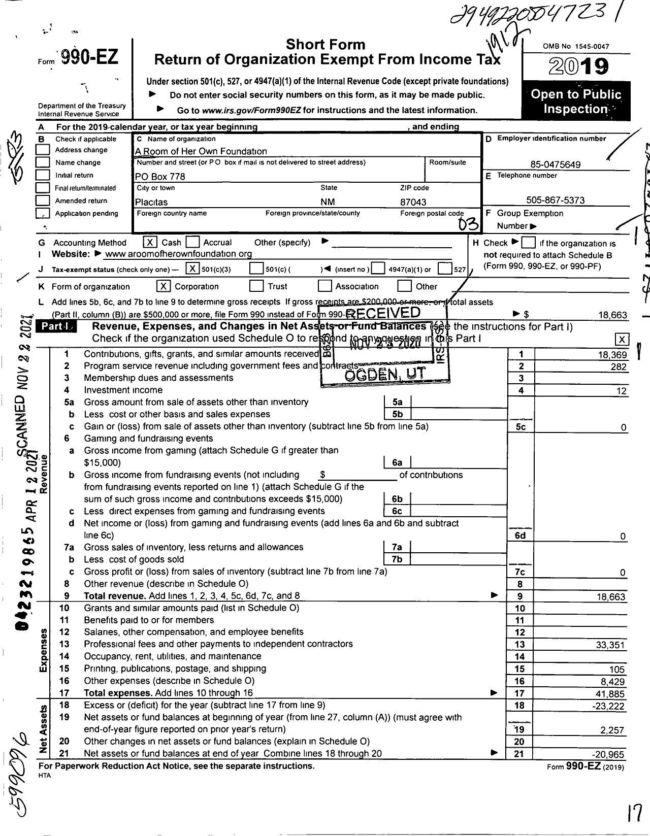 Image of first page of 2019 Form 990EZ for A Room of Her Own Foundation