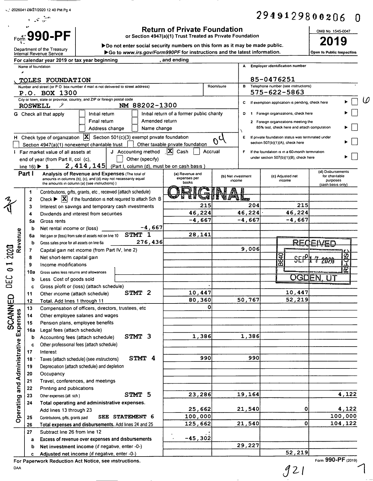 Image of first page of 2019 Form 990PF for The Toles Family Foundation