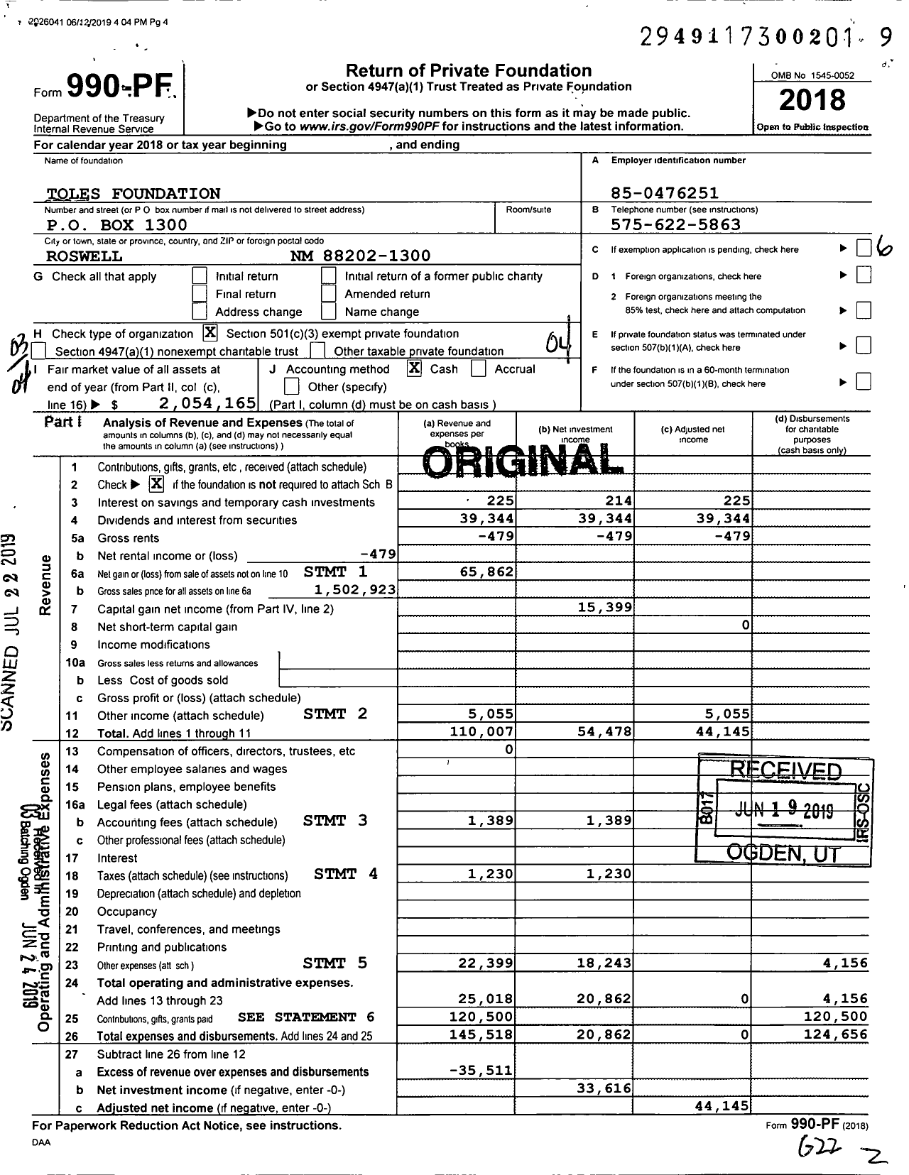 Image of first page of 2018 Form 990PF for The Toles Family Foundation