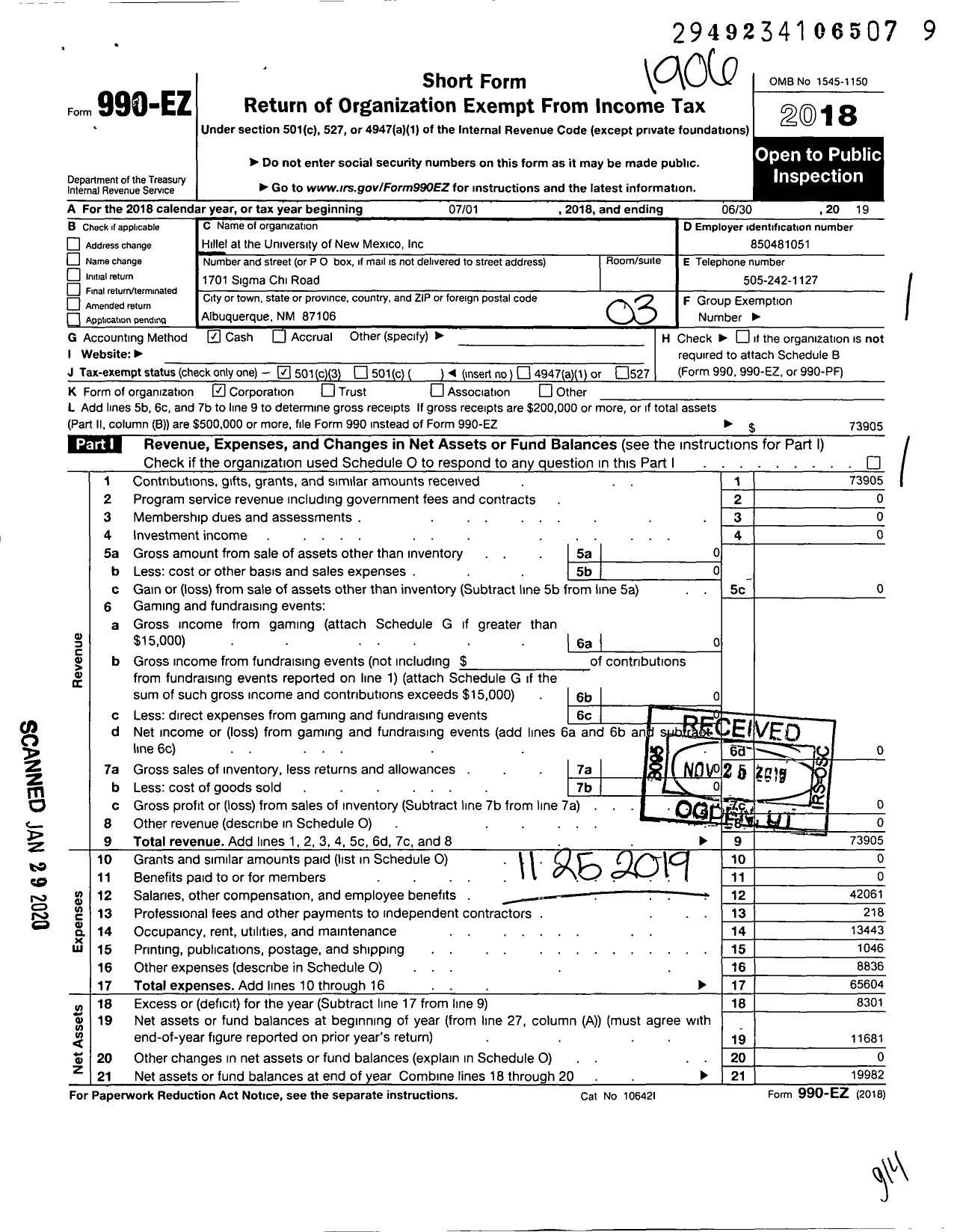 Image of first page of 2018 Form 990EZ for Hillel at the University of New Mexico