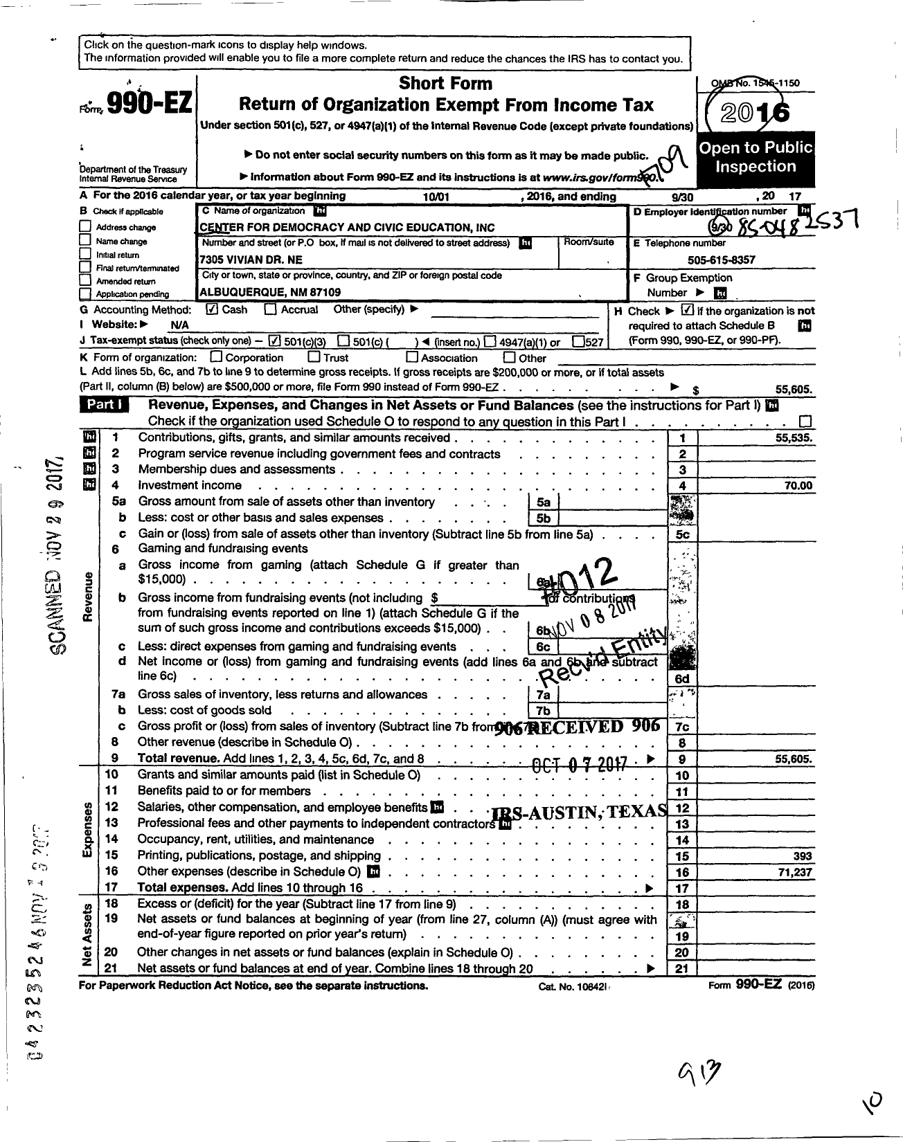 Image of first page of 2016 Form 990EZ for Center for Democracy and Civic Education