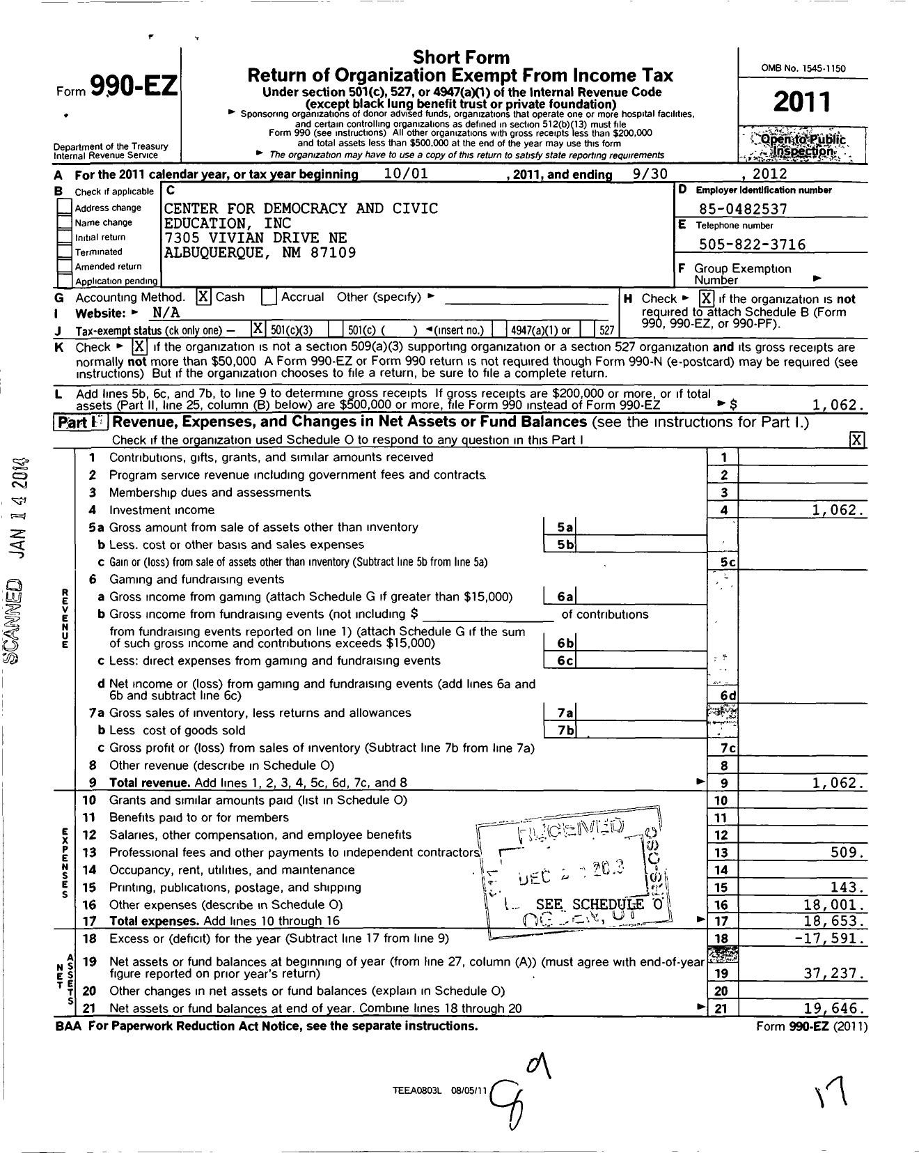 Image of first page of 2011 Form 990EZ for Center for Democracy and Civic Education