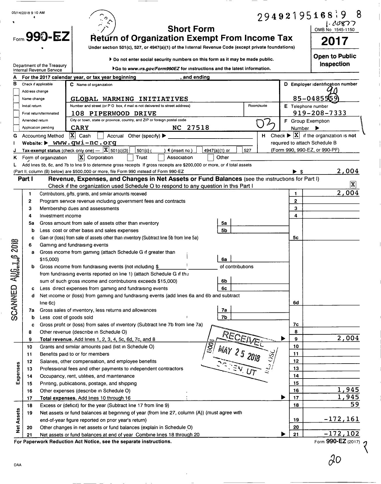 Image of first page of 2017 Form 990EZ for Global Warming Initiatives (GWI)