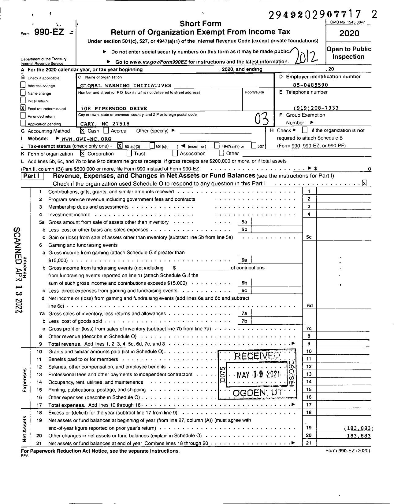 Image of first page of 2020 Form 990EZ for Global Warming Initiatives (GWI)