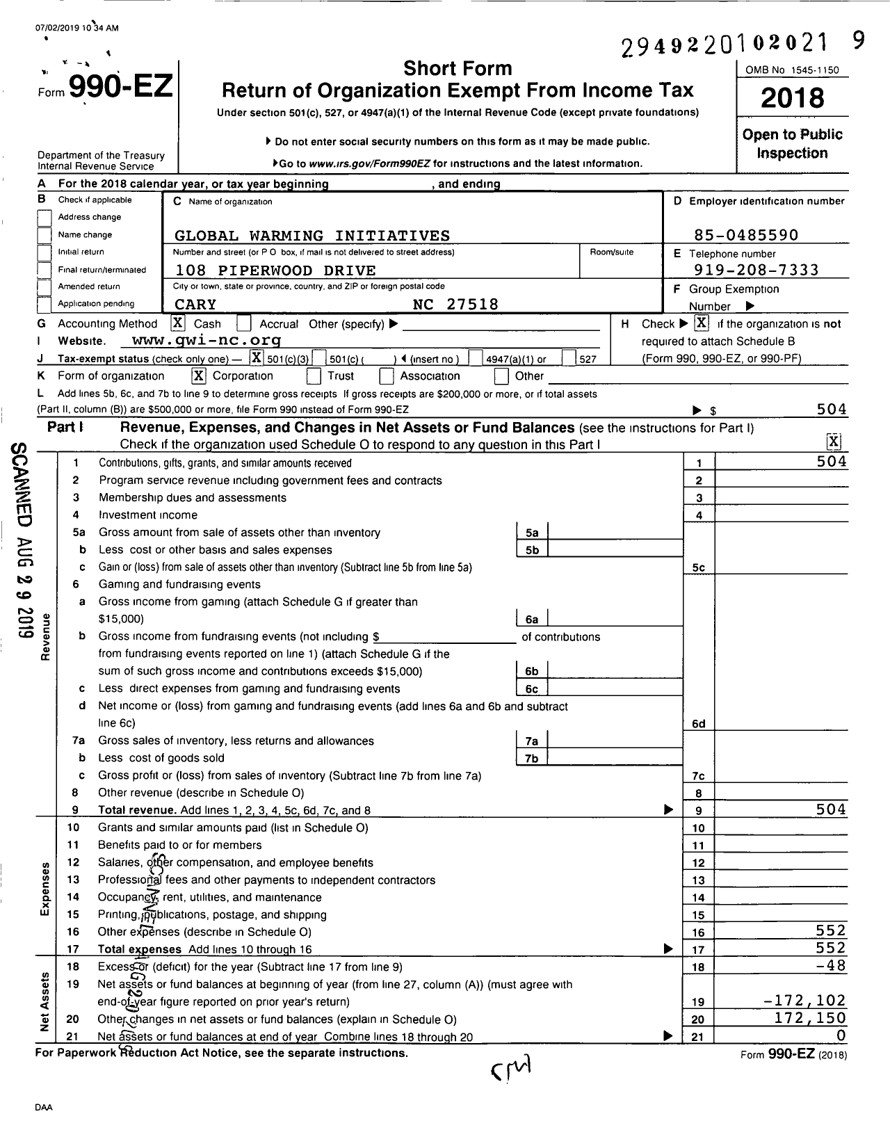 Image of first page of 2018 Form 990EZ for Global Warming Initiatives (GWI)