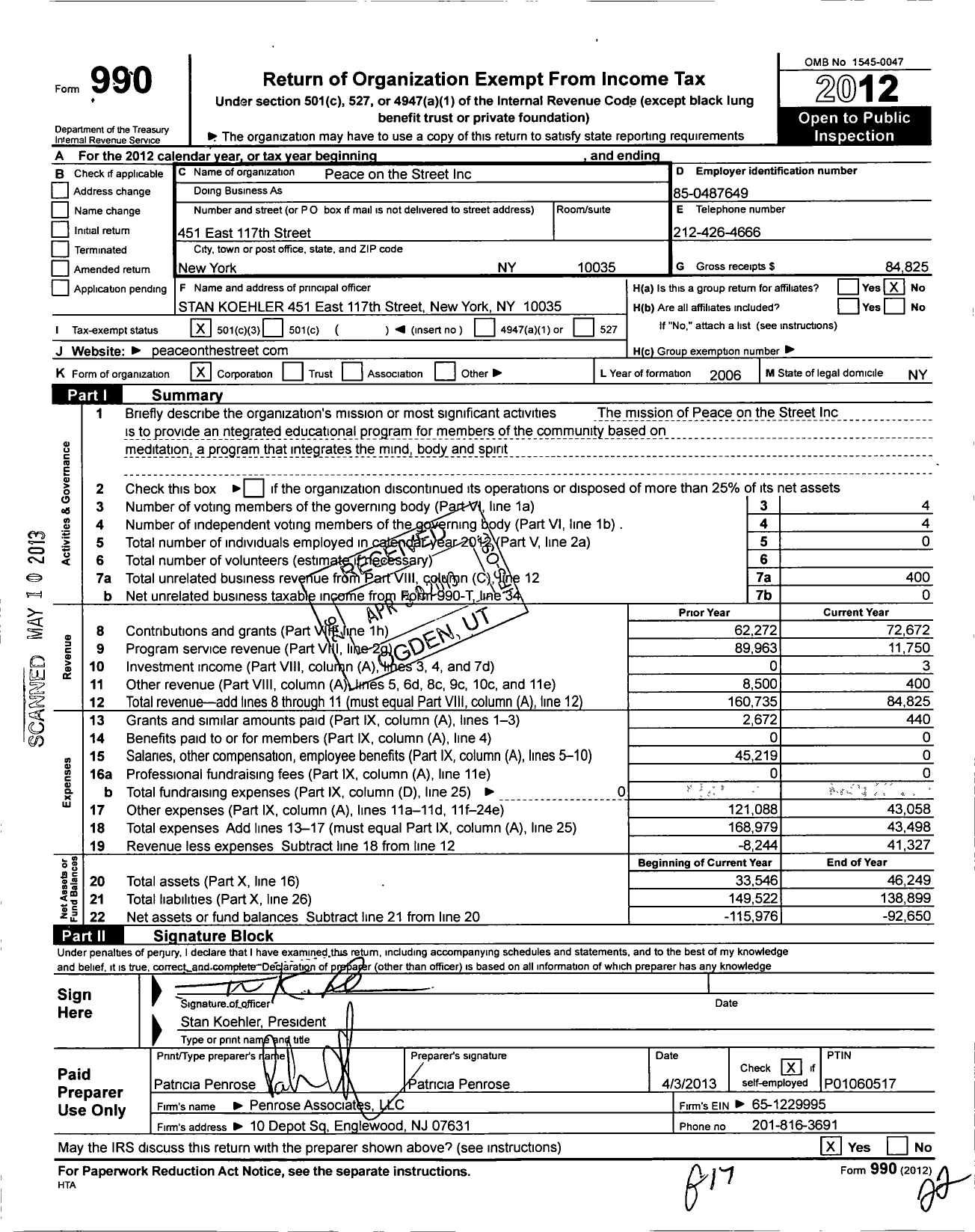 Image of first page of 2012 Form 990 for Peace on the Street