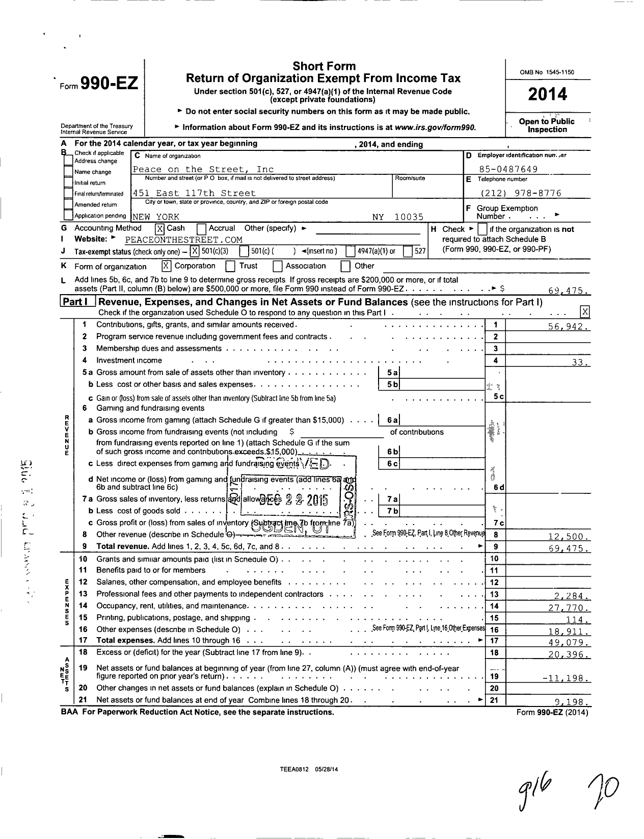 Image of first page of 2014 Form 990EZ for Peace on the Street