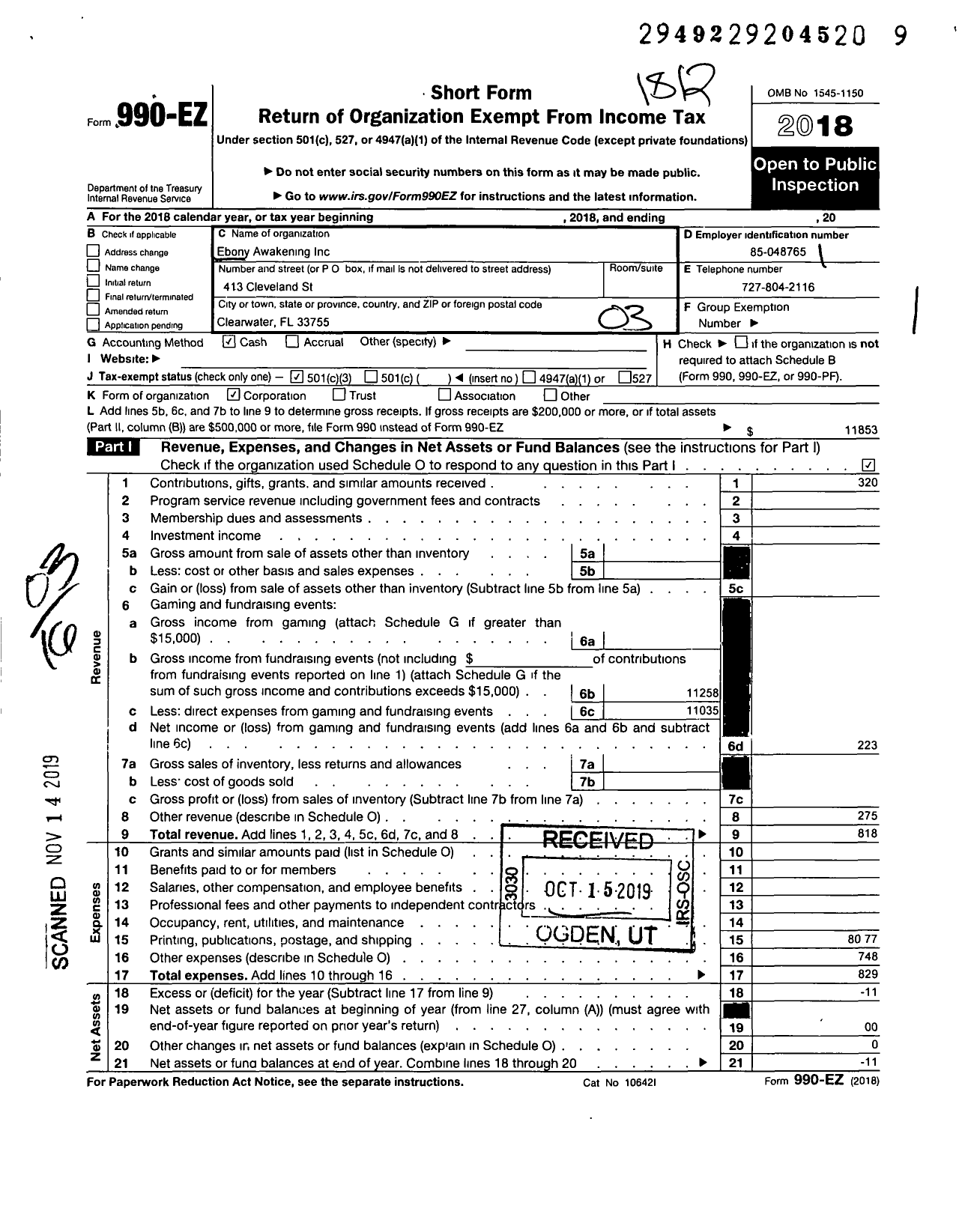 Image of first page of 2018 Form 990EZ for Ebony Awakening