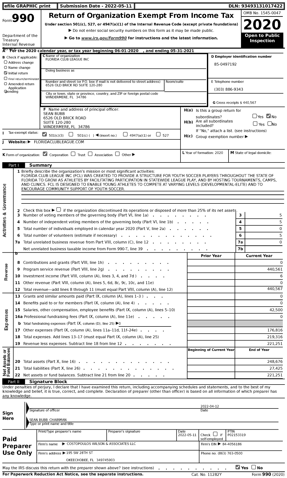 Image of first page of 2020 Form 990 for Florida Club League