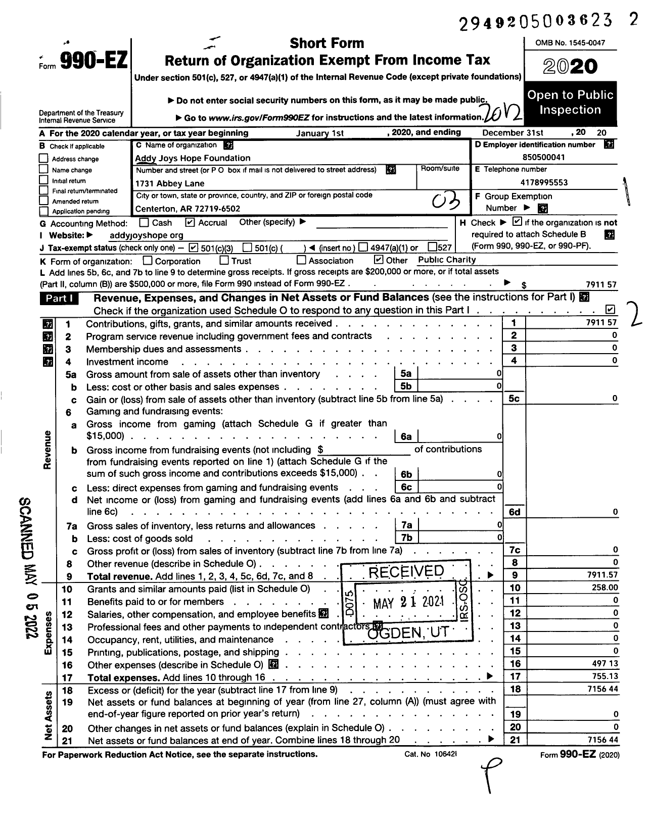 Image of first page of 2020 Form 990EZ for Addy Joys Hope Foundation