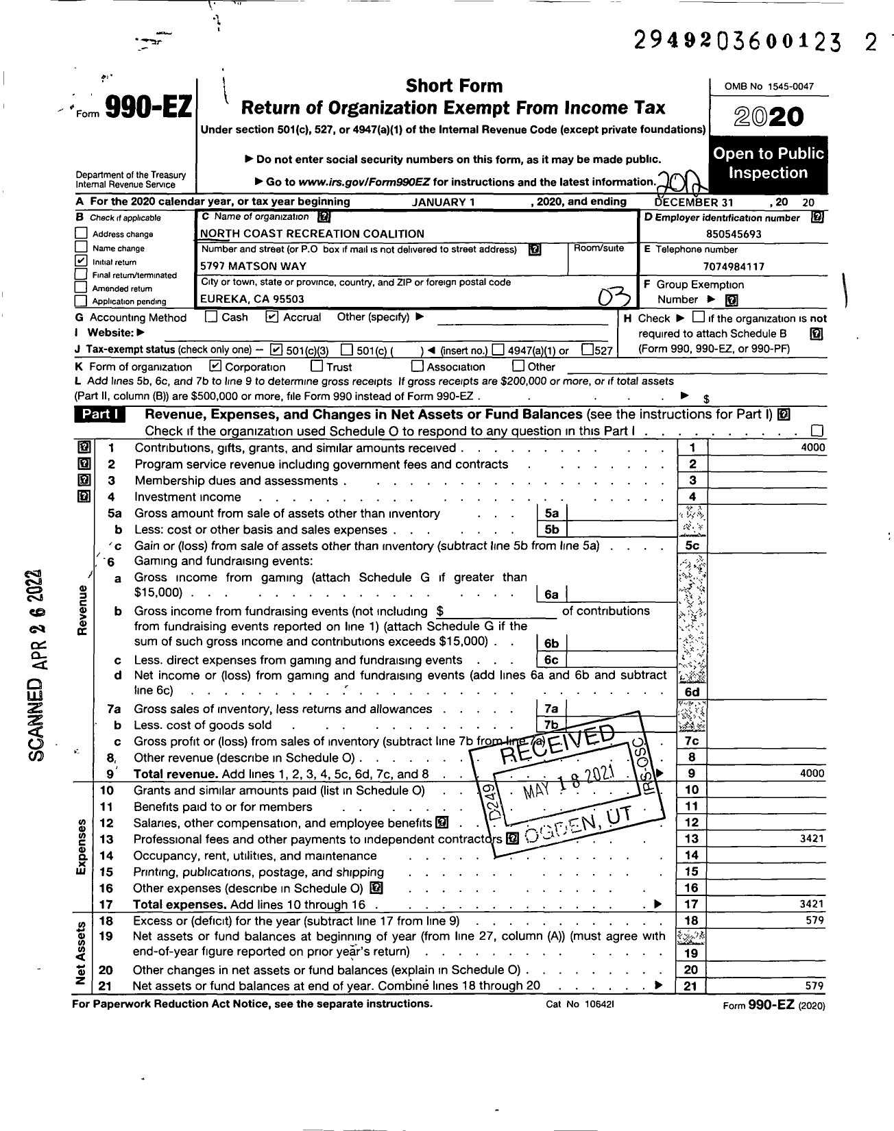 Image of first page of 2020 Form 990EZ for North Coast Recreation Coalition