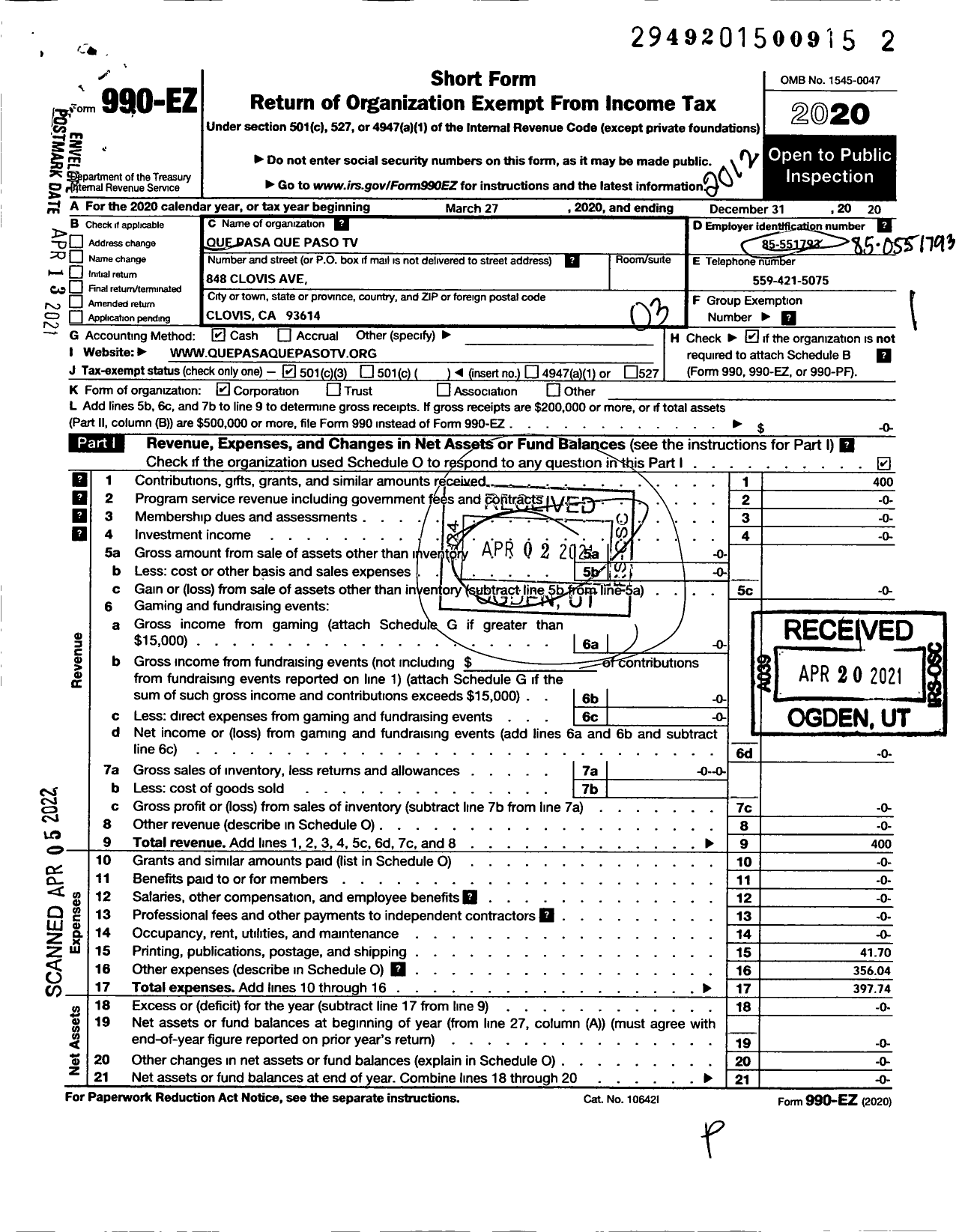 Image of first page of 2020 Form 990EZ for Que Pasa Que Paso TV