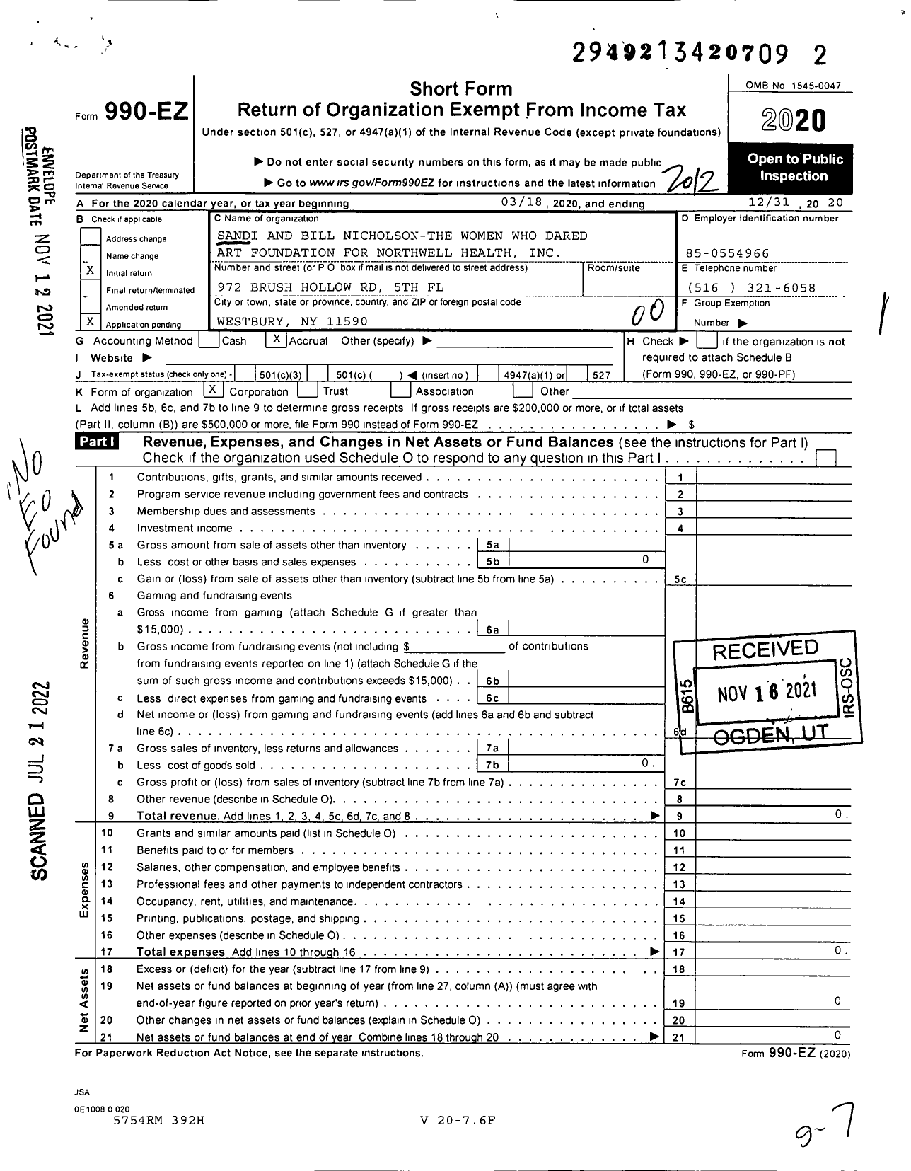 Image of first page of 2020 Form 990EO for Sandi and Bill Nicholson-The Women Who Dared Art Foundation for Northwell Health