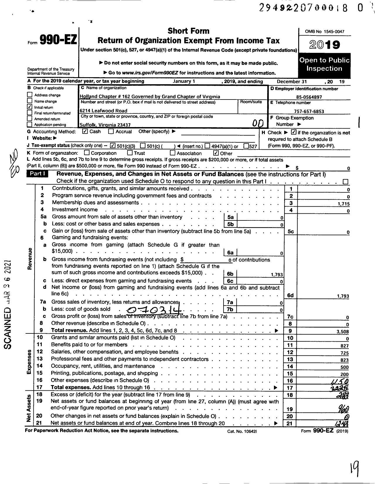 Image of first page of 2019 Form 990EO for Grand Order of the Eastern Start of Virginia Pha / Holland Chapter