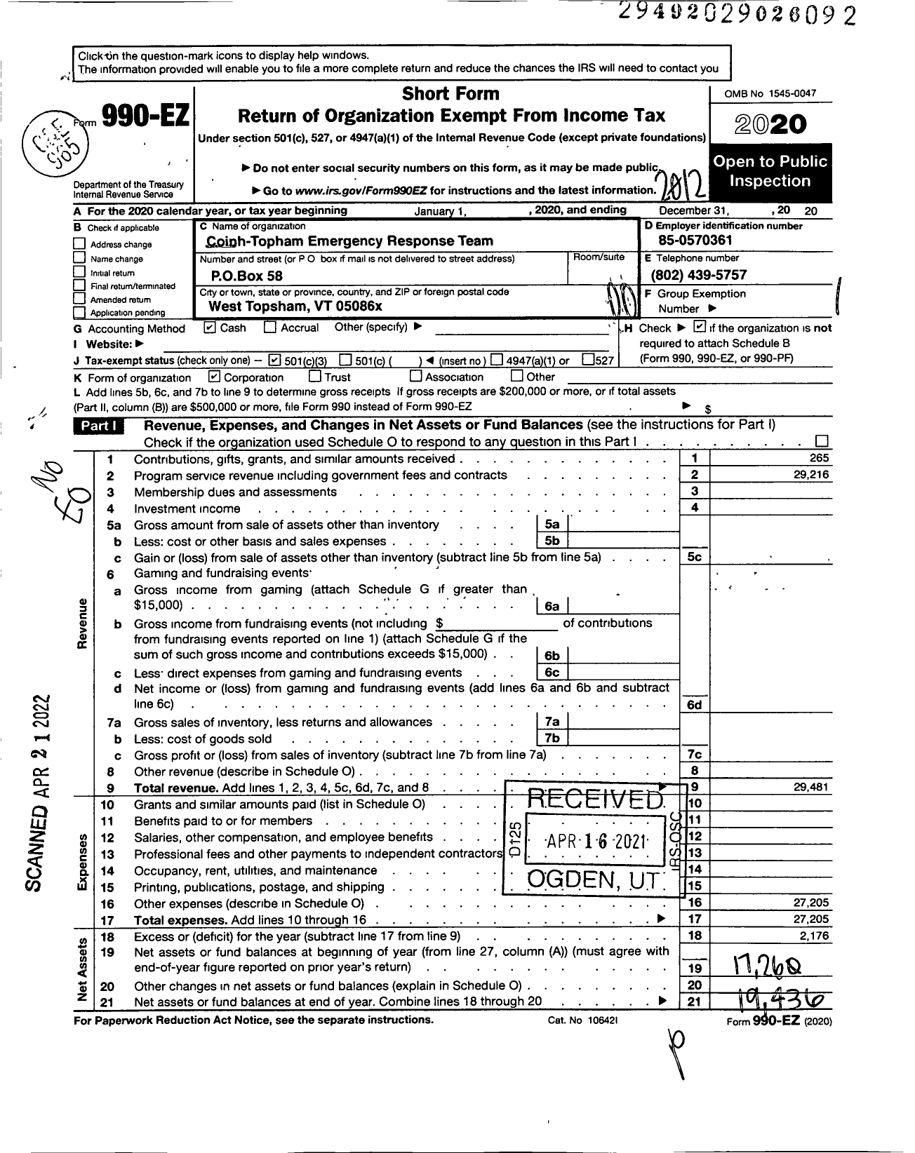 Image of first page of 2020 Form 990EO for Corinth-Topsham Emergency Response team