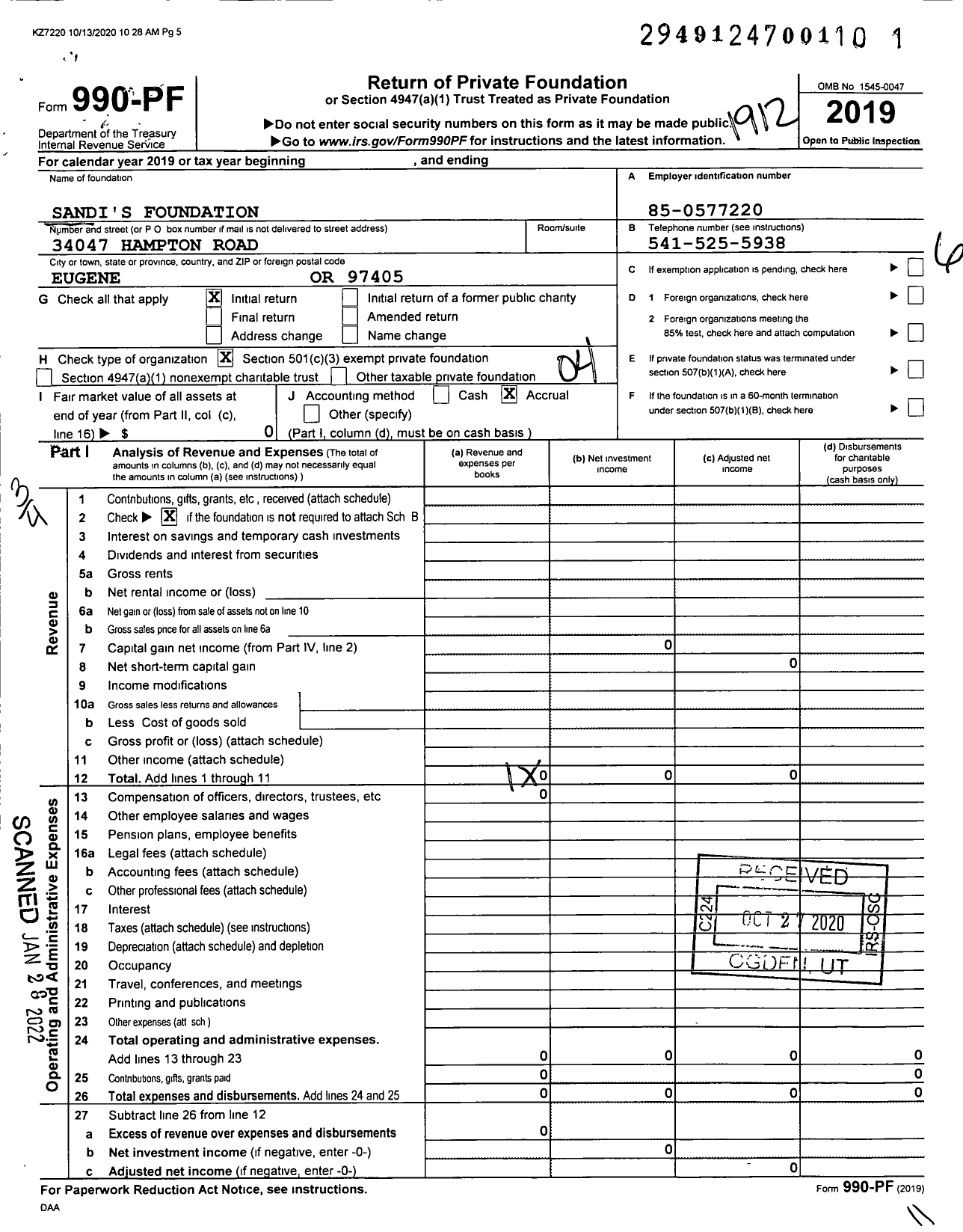 Image of first page of 2019 Form 990PF for Sandi's Foundation