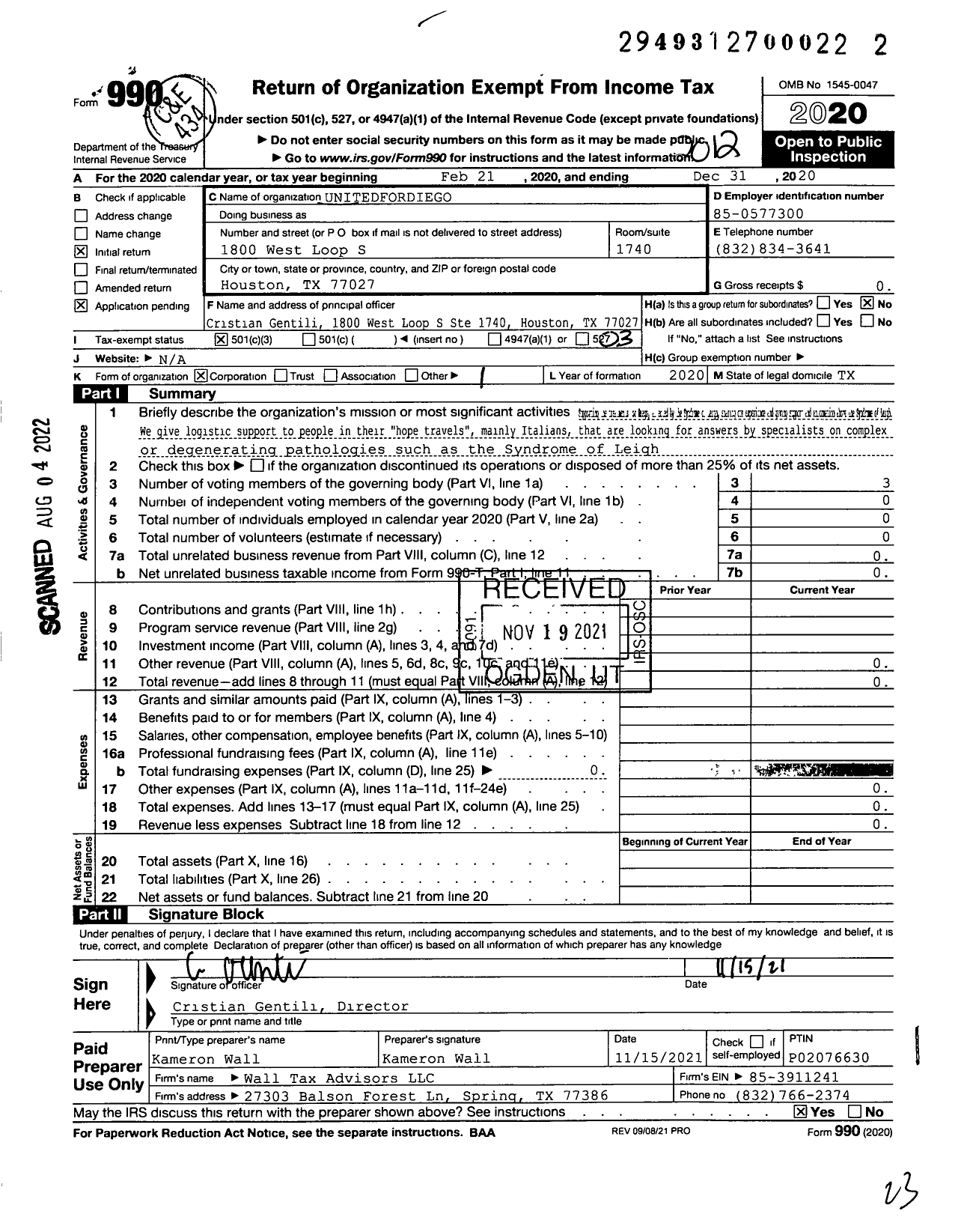 Image of first page of 2020 Form 990 for Unitedfordiego