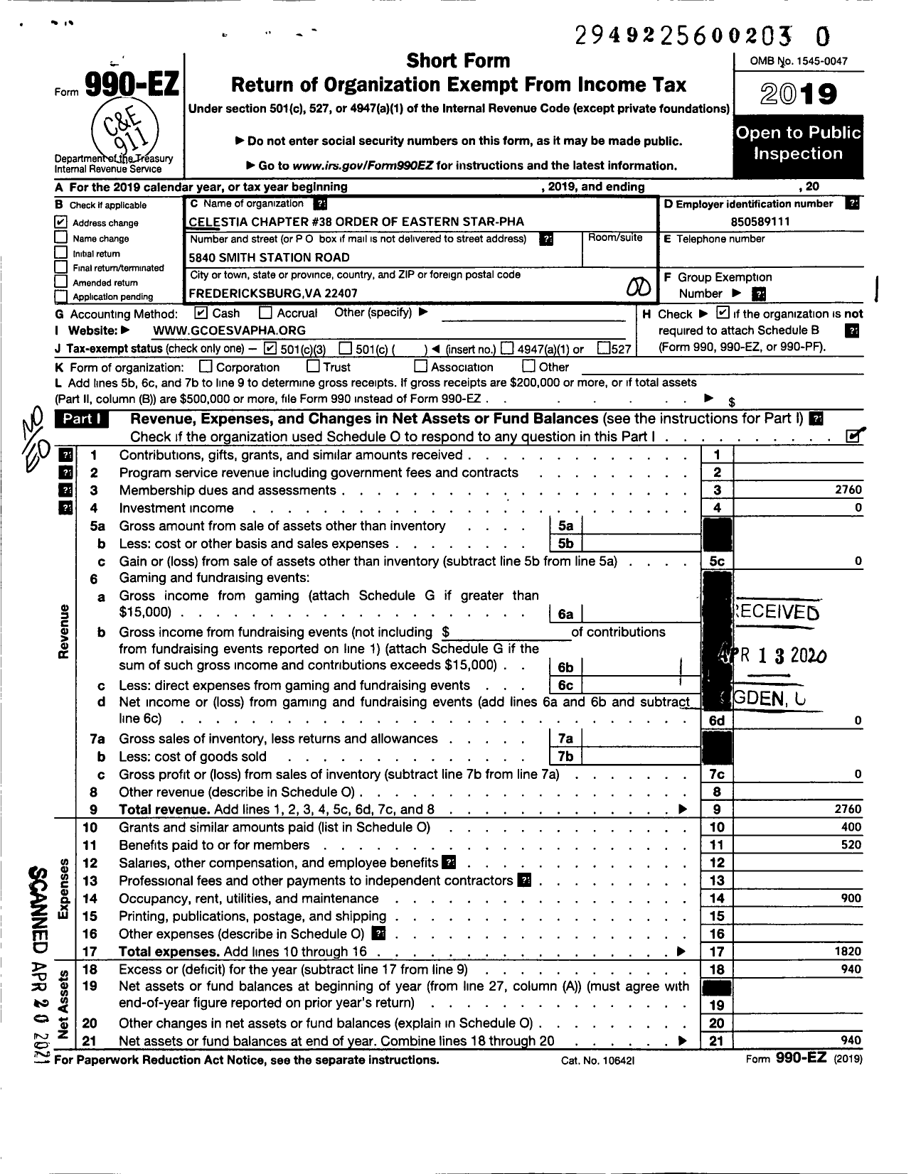 Image of first page of 2019 Form 990EO for Grand Order of the Eastern Start of Virginia Star-Pha