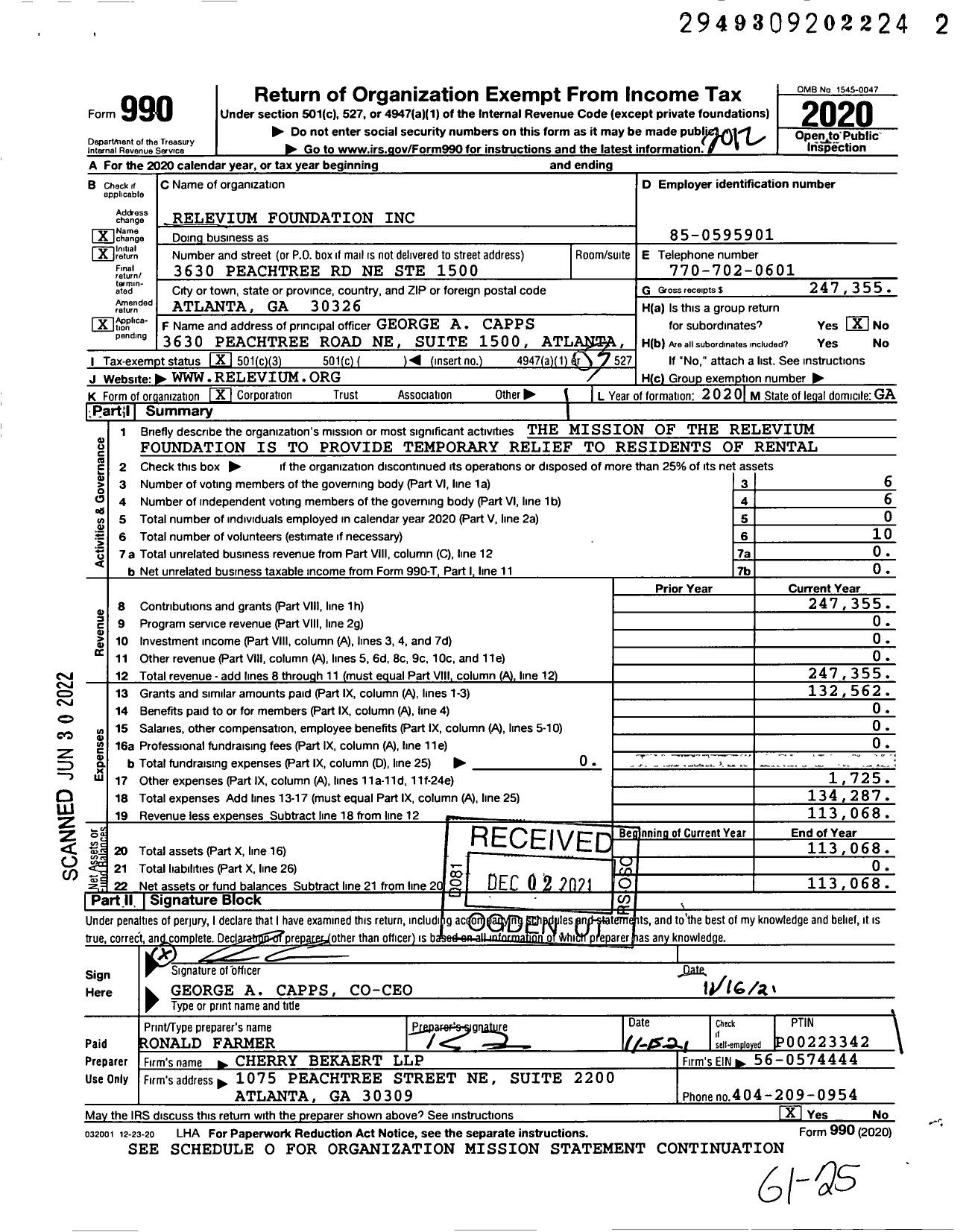 Image of first page of 2020 Form 990 for Relevium Foundation