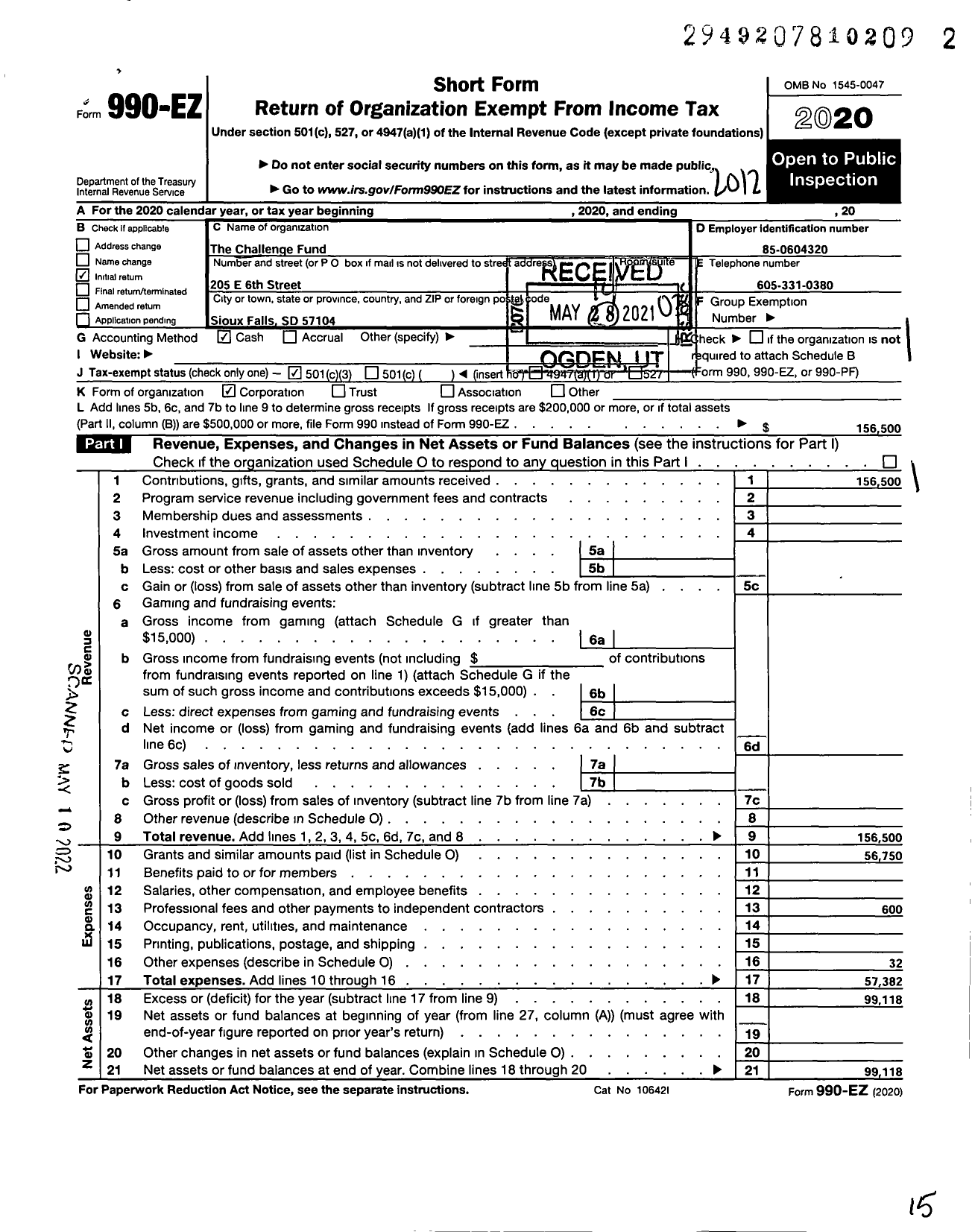 Image of first page of 2020 Form 990EZ for Challenge Fund