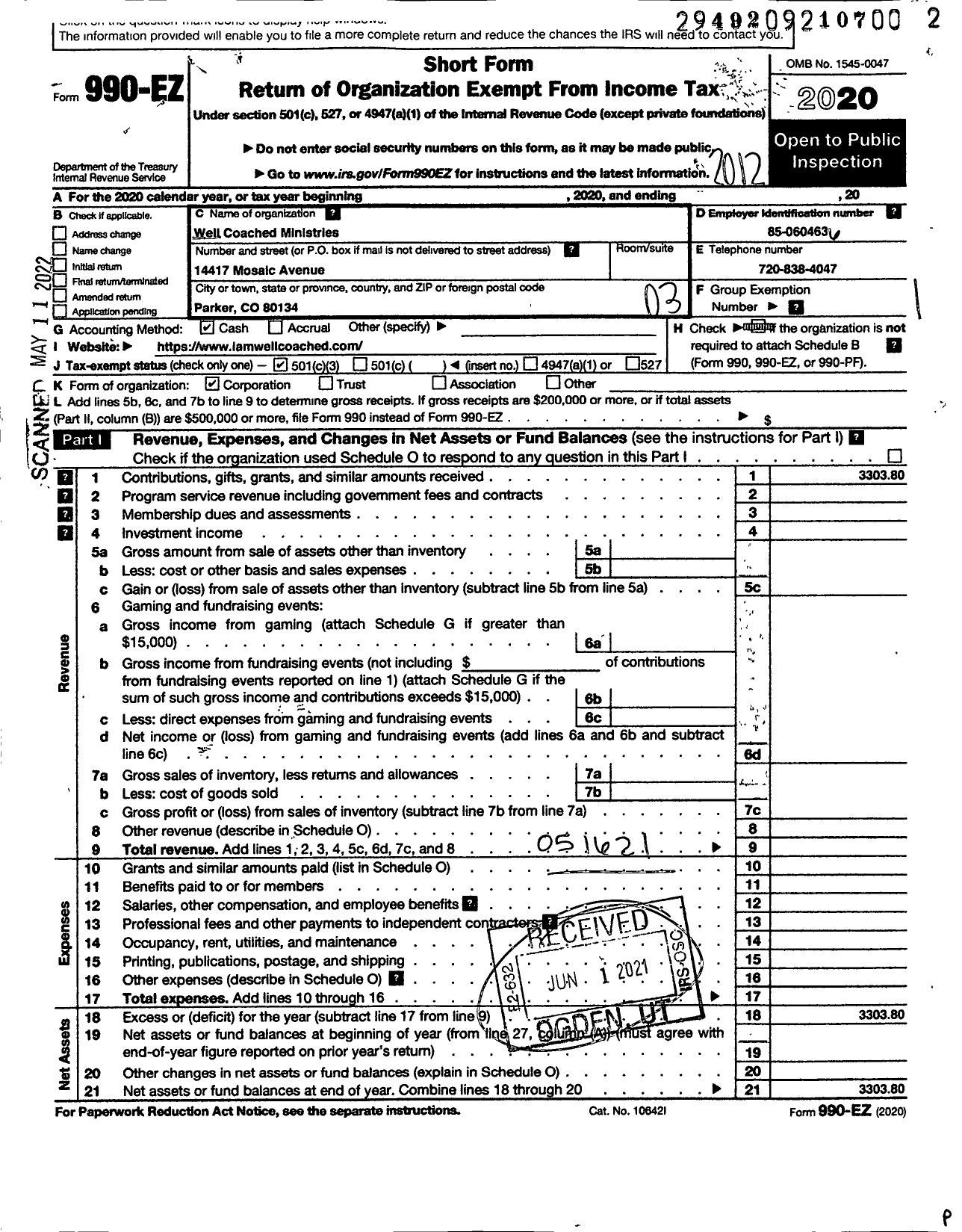 Image of first page of 2020 Form 990EZ for Well Coached Ministries