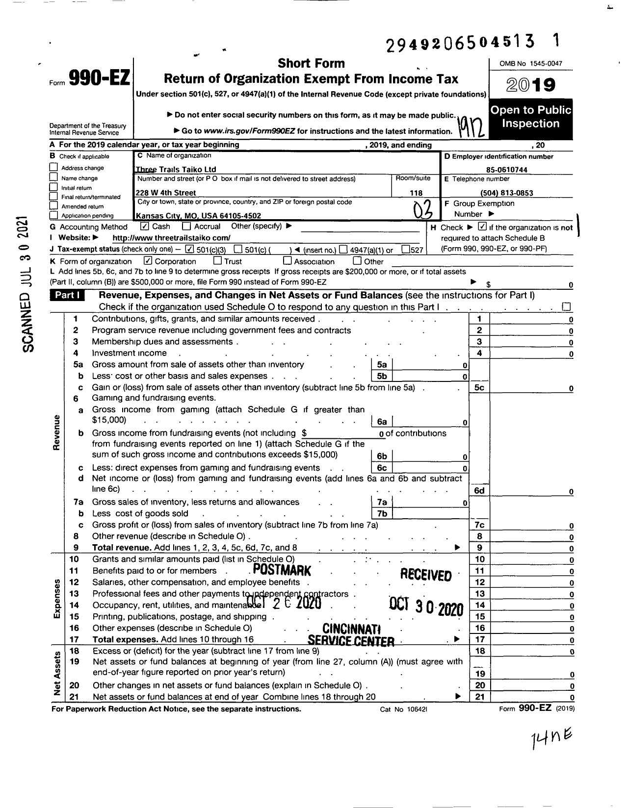 Image of first page of 2019 Form 990EZ for Three Trails Taiko