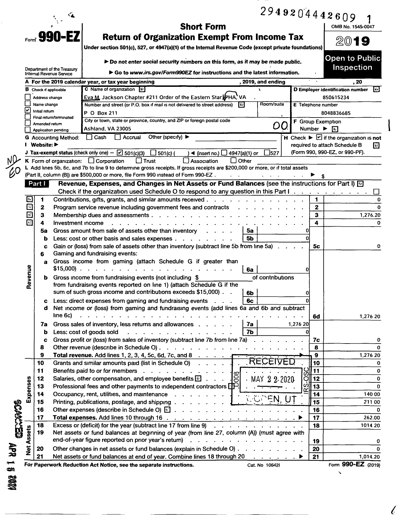 Image of first page of 2019 Form 990EO for Grand Order of the Eastern Start of Virginia Pha - 211 Eva M Jackson Chapter