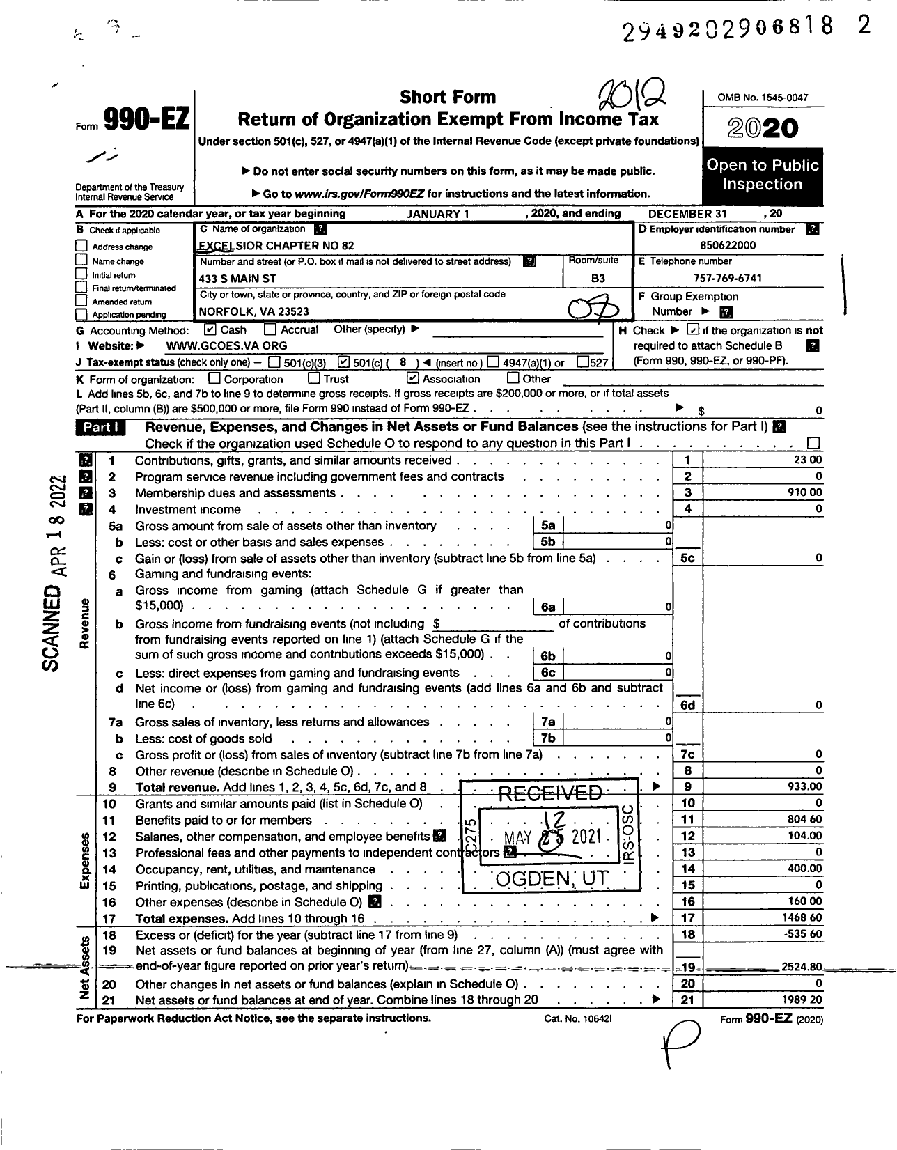 Image of first page of 2020 Form 990EO for Grand Order of the Eastern Start of Virginia Pha - 82 Excelsior Chapter