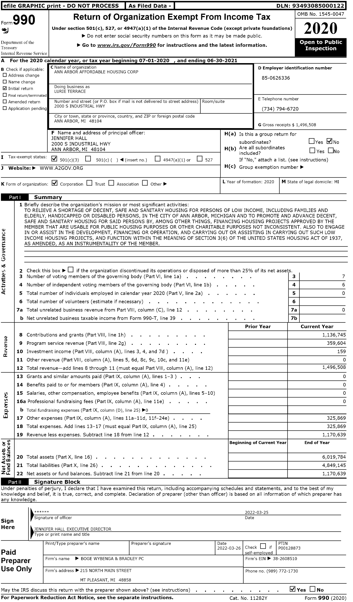 Image of first page of 2020 Form 990 for Lurie Terrace