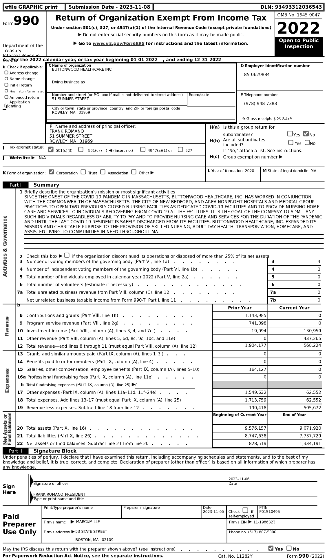 Image of first page of 2022 Form 990 for Buttonwood Healthcare