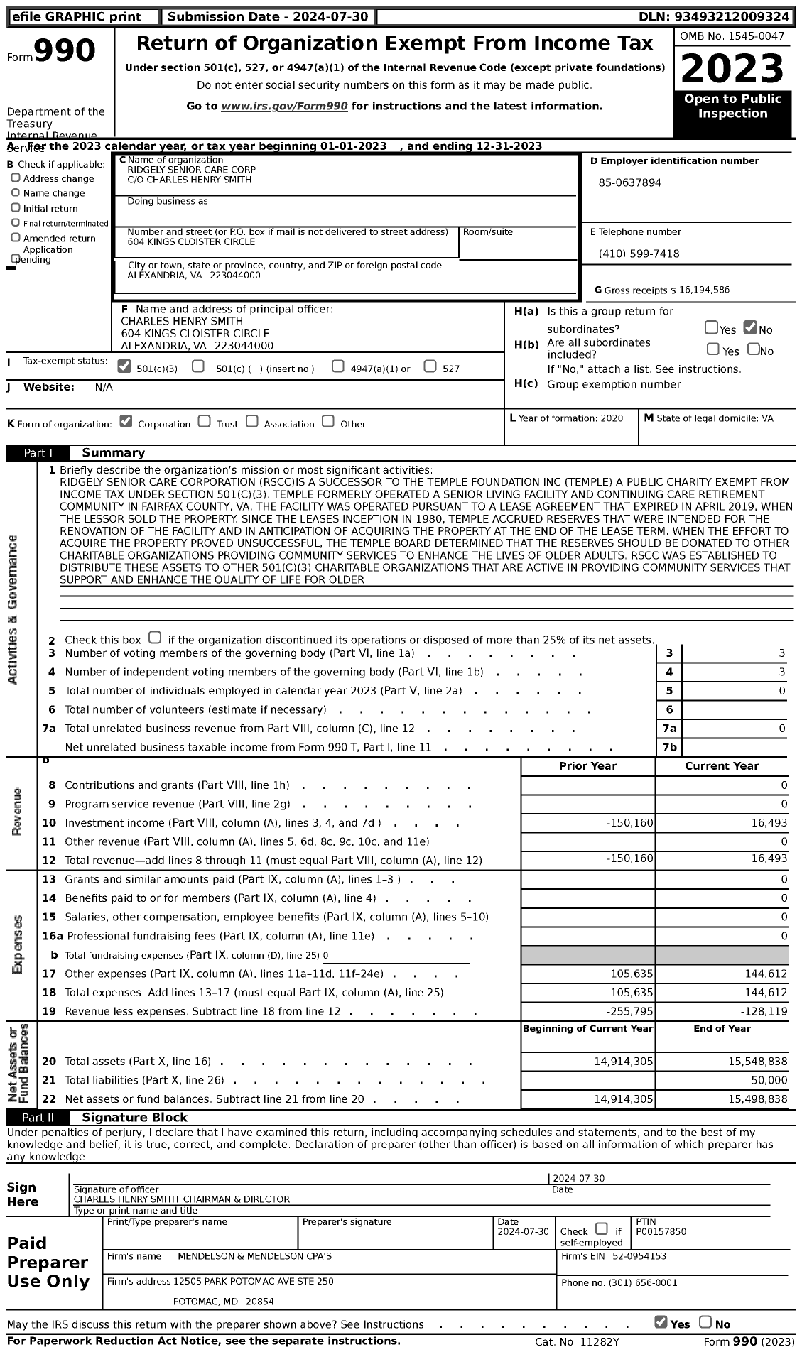 Image of first page of 2023 Form 990 for Ridgely Senior Care Corporation