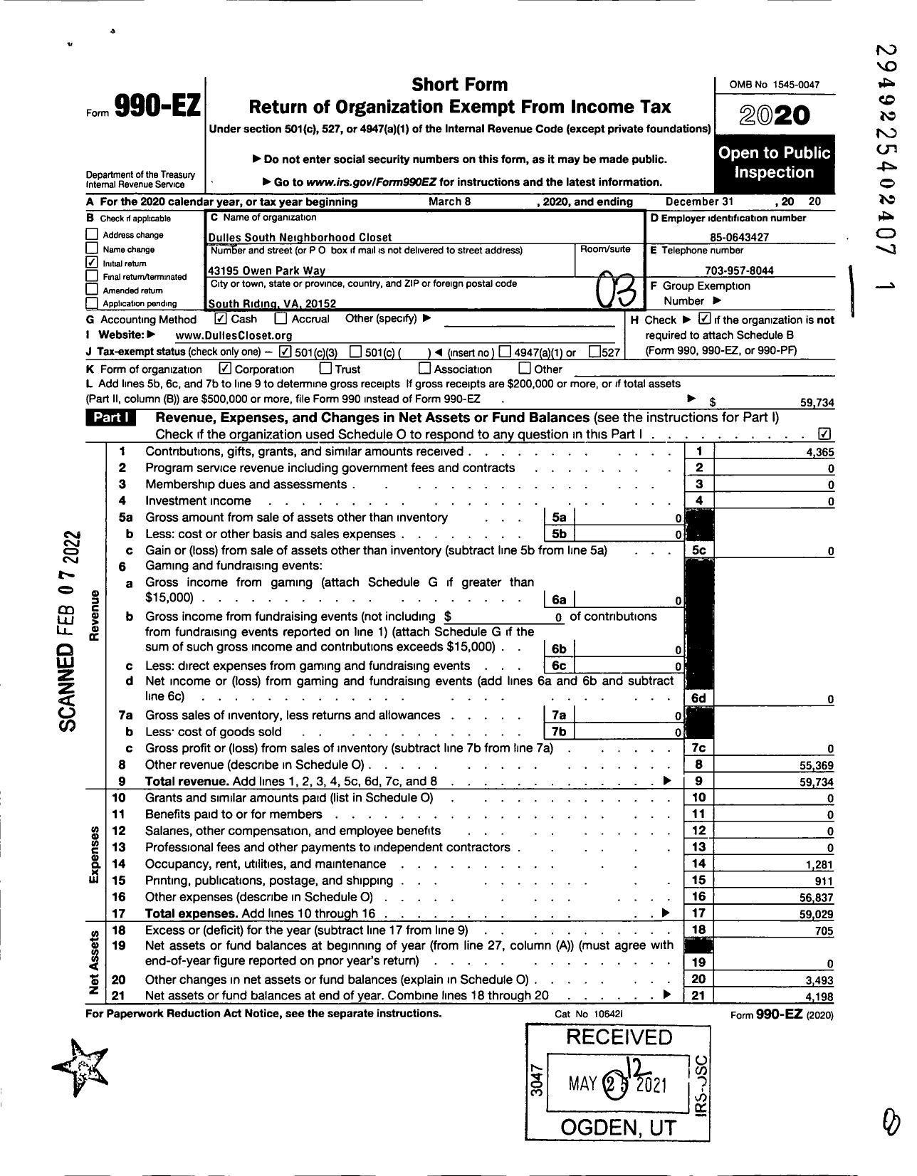 Image of first page of 2020 Form 990EZ for Dulles South Neighborhood Closet