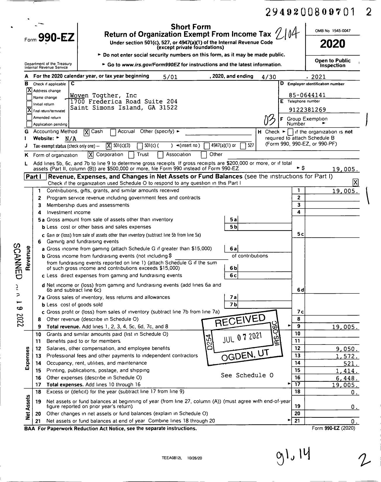 Image of first page of 2020 Form 990EZ for Woven Together