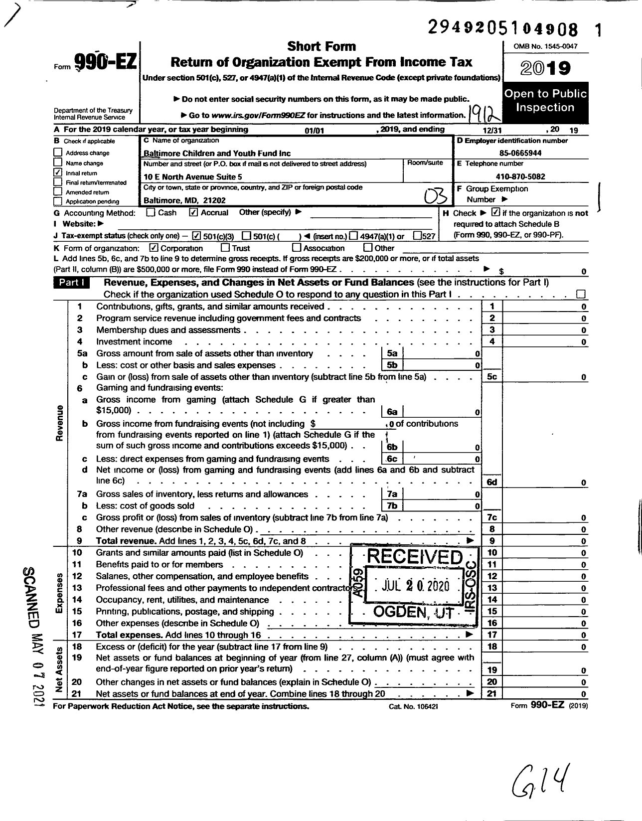 Image of first page of 2019 Form 990EZ for Baltimore Children and Youth Fund