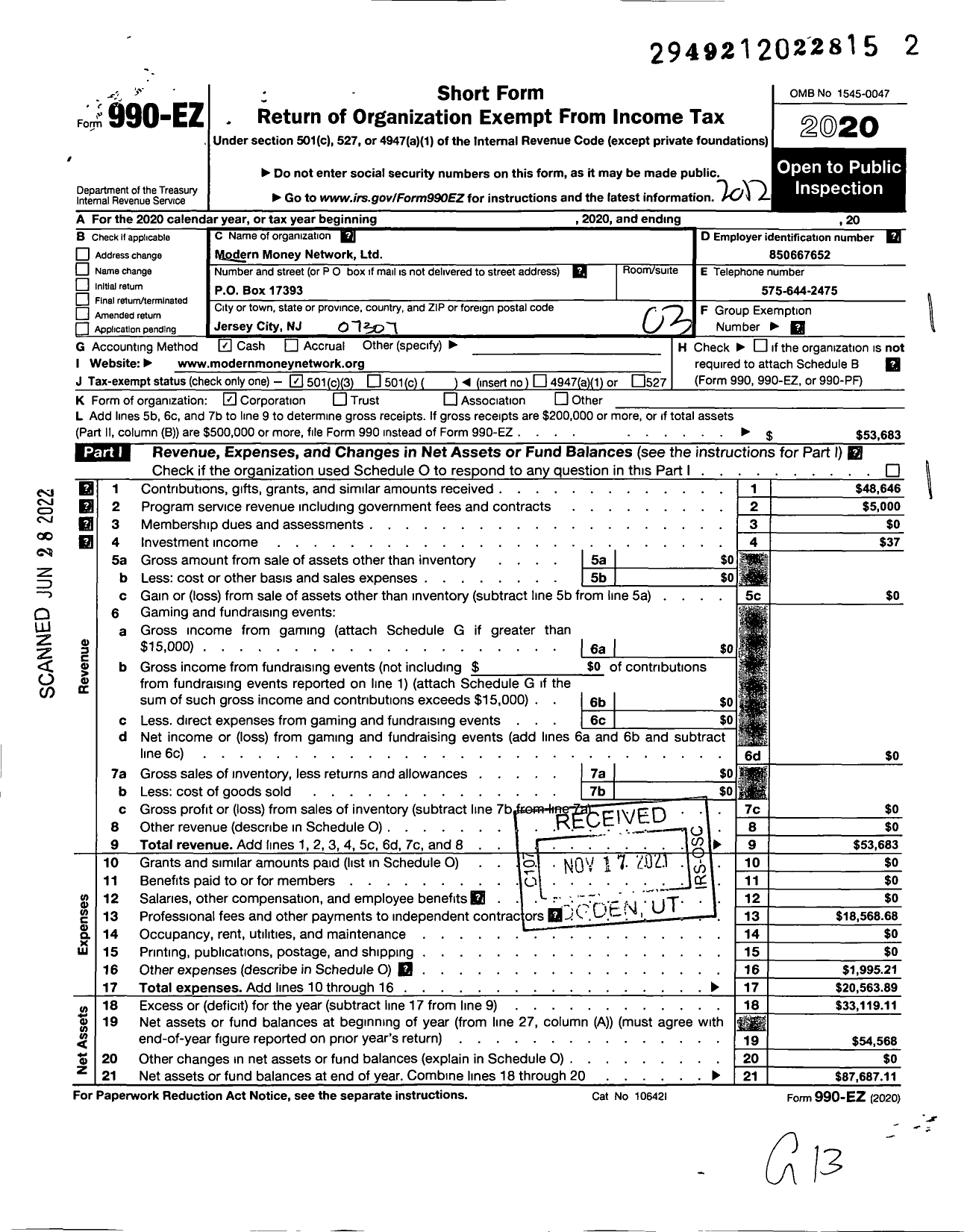 Image of first page of 2020 Form 990EZ for MMT Project