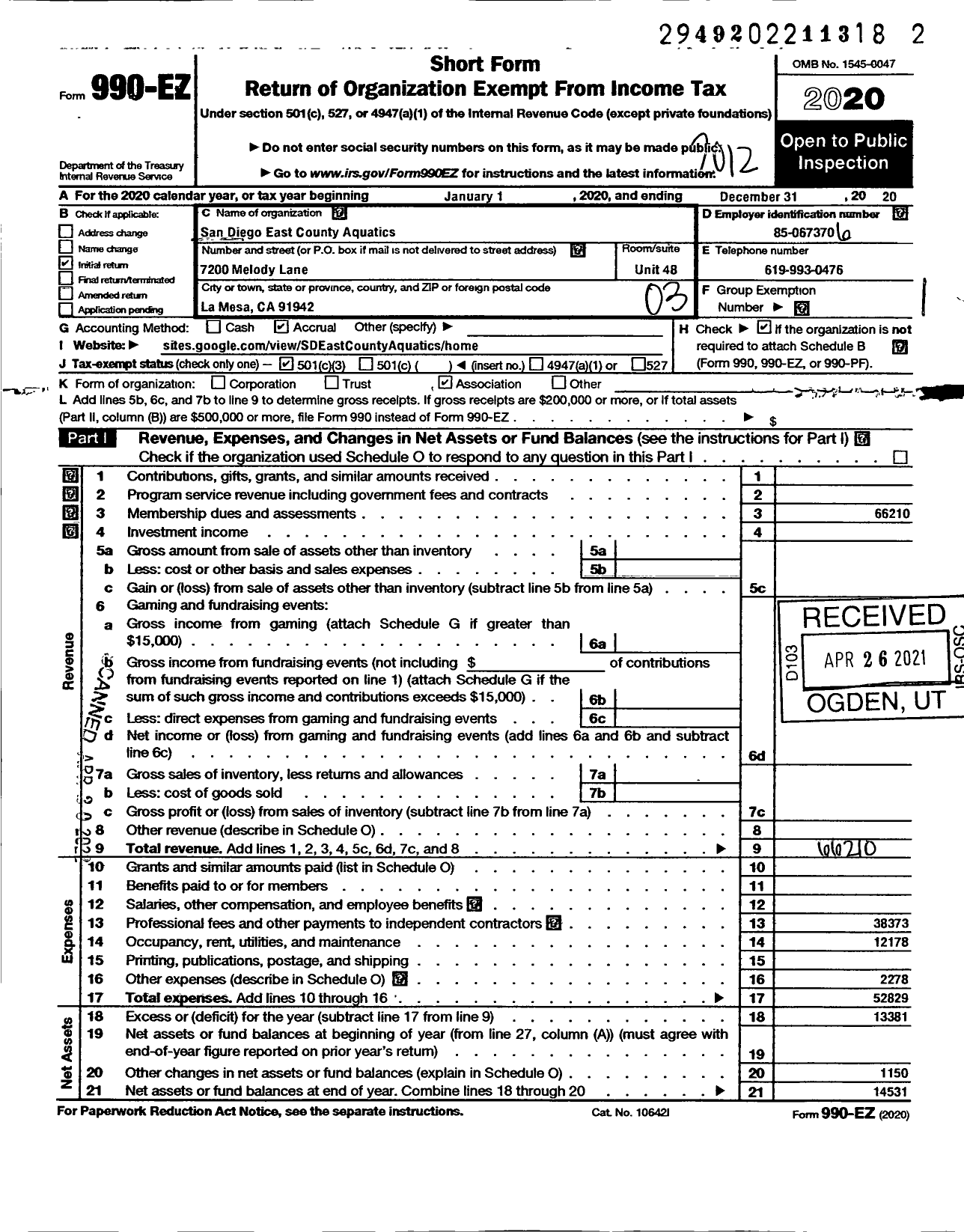 Image of first page of 2020 Form 990EZ for San Diego East COunty Aquatics