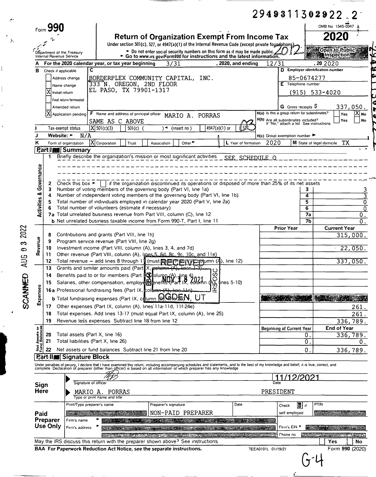 Image of first page of 2020 Form 990 for Boderplex Community Capital