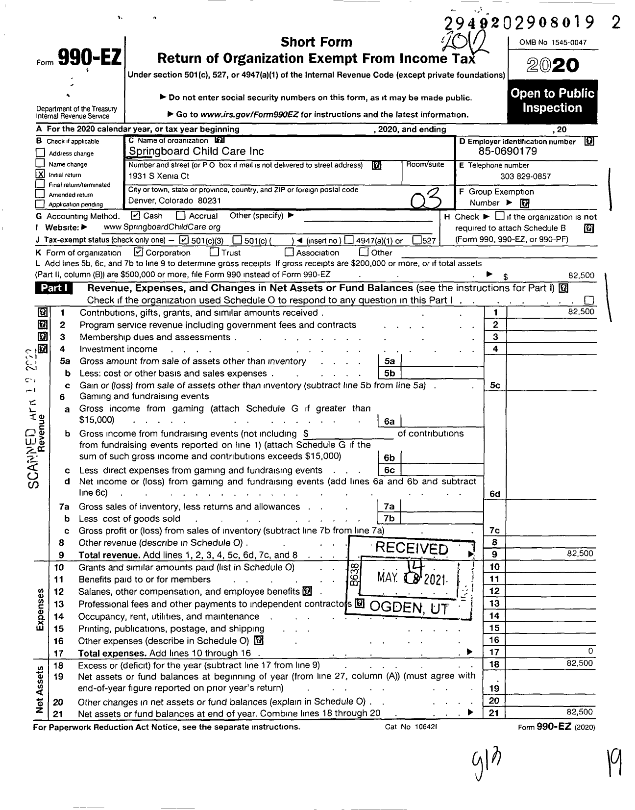 Image of first page of 2020 Form 990EZ for Springboard Child Care