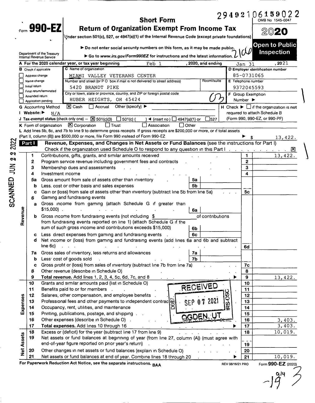 Image of first page of 2020 Form 990EZ for Miami Valley Veterans Center