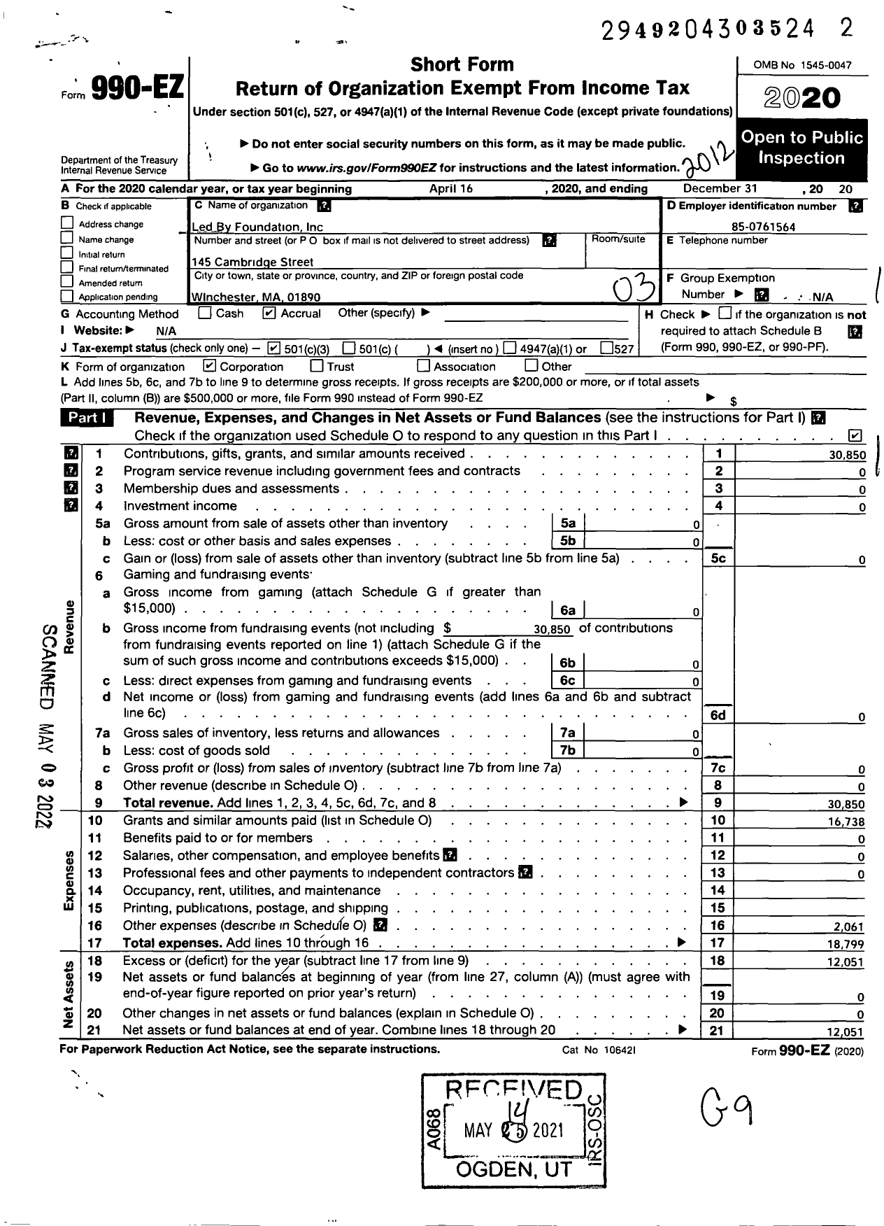 Image of first page of 2020 Form 990EZ for Led By Foundation